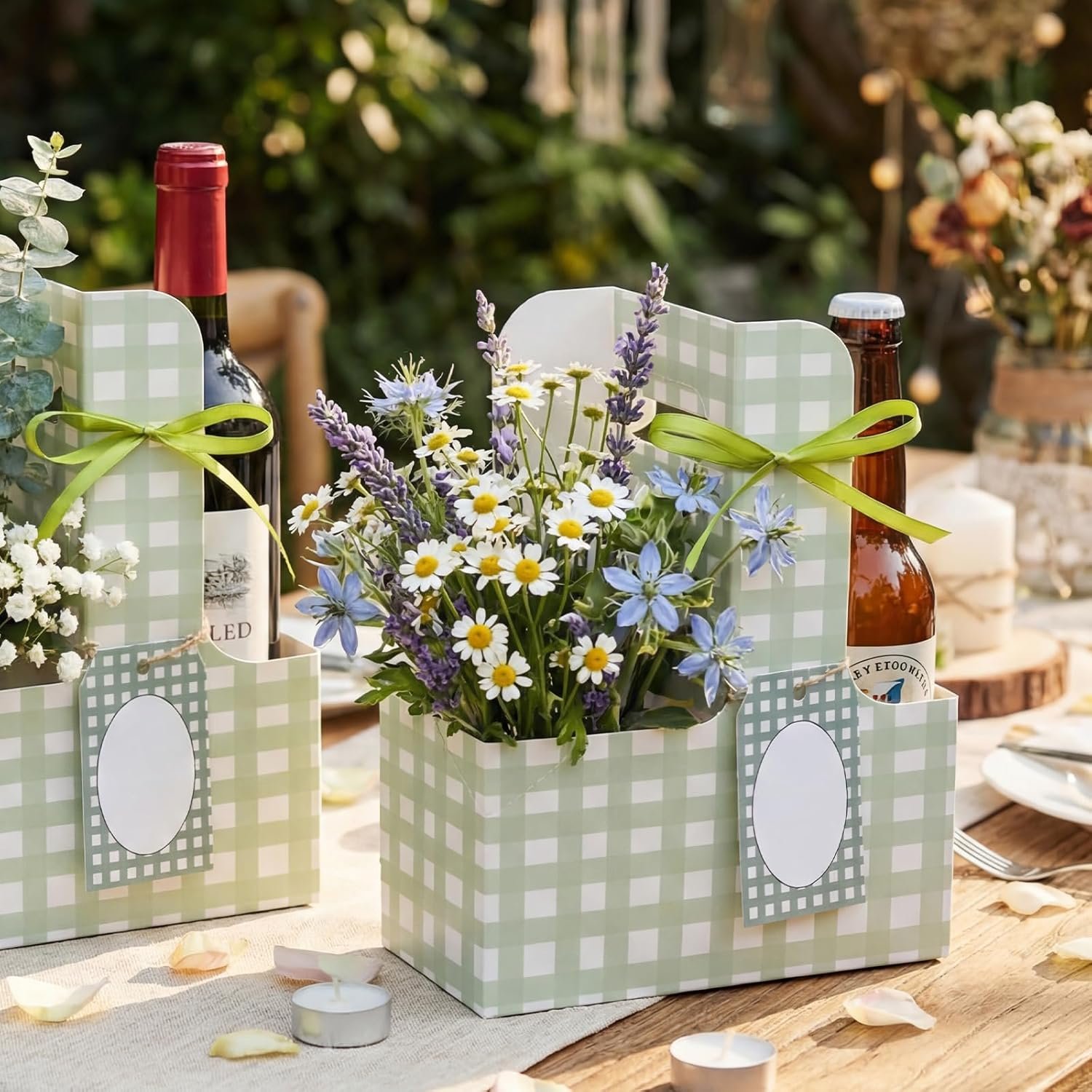 Grossiste 24 ensembles de porte-gobelets avec poignées pour boissons, fleurs, OEM accessoires de fête de mariage et d'anniversaire, en vannerie à carreaux (vert)