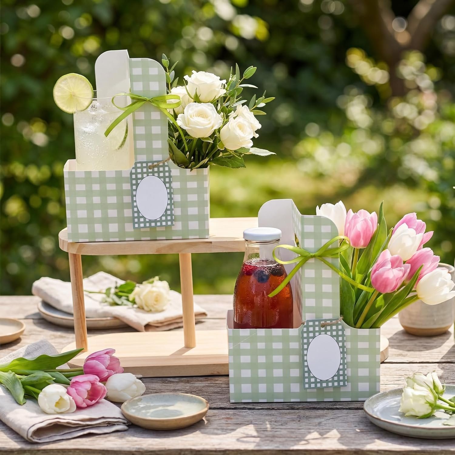 Grossiste 24 ensembles de porte-gobelets avec poignées pour boissons, fleurs, OEM accessoires de fête de mariage et d'anniversaire, en vannerie à carreaux (vert)