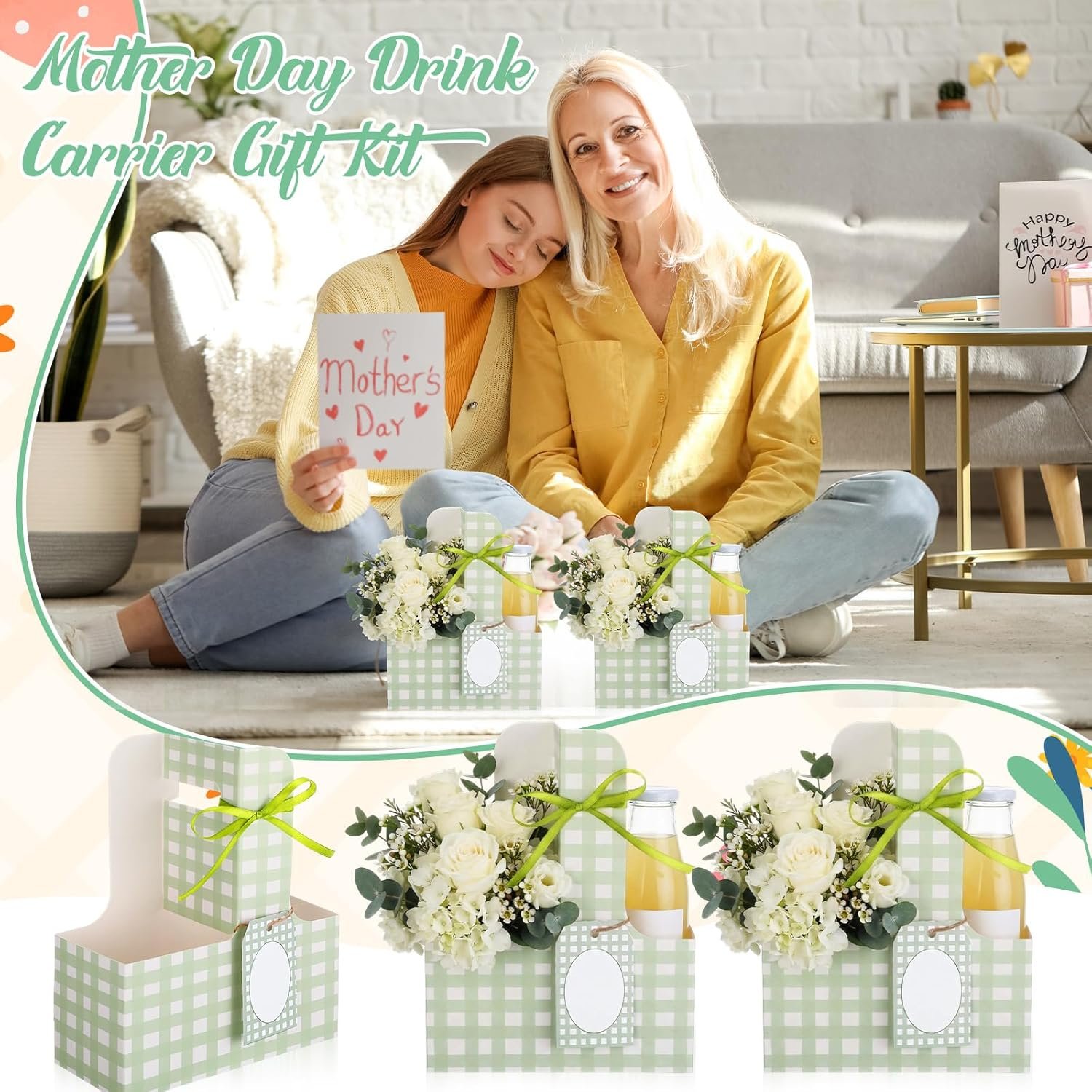 Grossiste 24 ensembles de porte-gobelets avec poignées pour boissons, fleurs, OEM accessoires de fête de mariage et d'anniversaire, en vannerie à carreaux (vert)