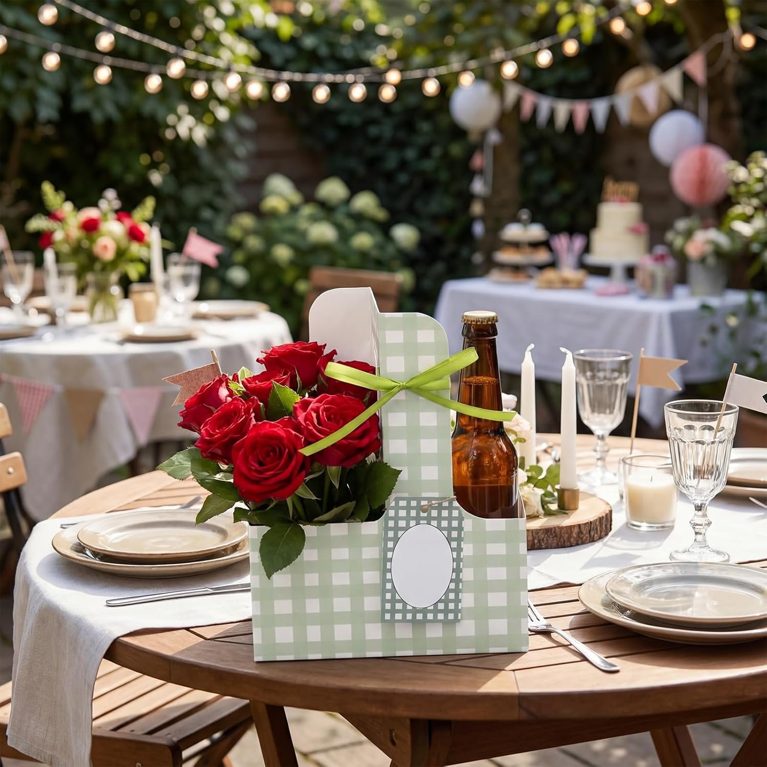 Grossiste 24 ensembles de porte-gobelets avec poignées pour boissons, fleurs, OEM accessoires de fête de mariage et d'anniversaire, en vannerie à carreaux (vert)