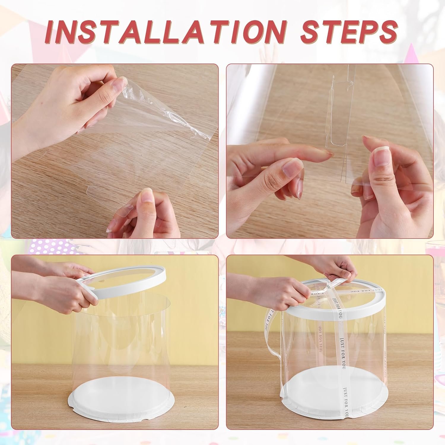 Grossiste de boîtes à gâteaux rondes transparentes 8,5 * 9,5 pouces avec ruban, idéales pour gâteaux à étages de 7 pouces et 6 pouces, fournisseur de boîtes à gâteaux multi-couches pour les festivités de Noël, vente en gros de 6 pièces. Logo personnalisé inclus.