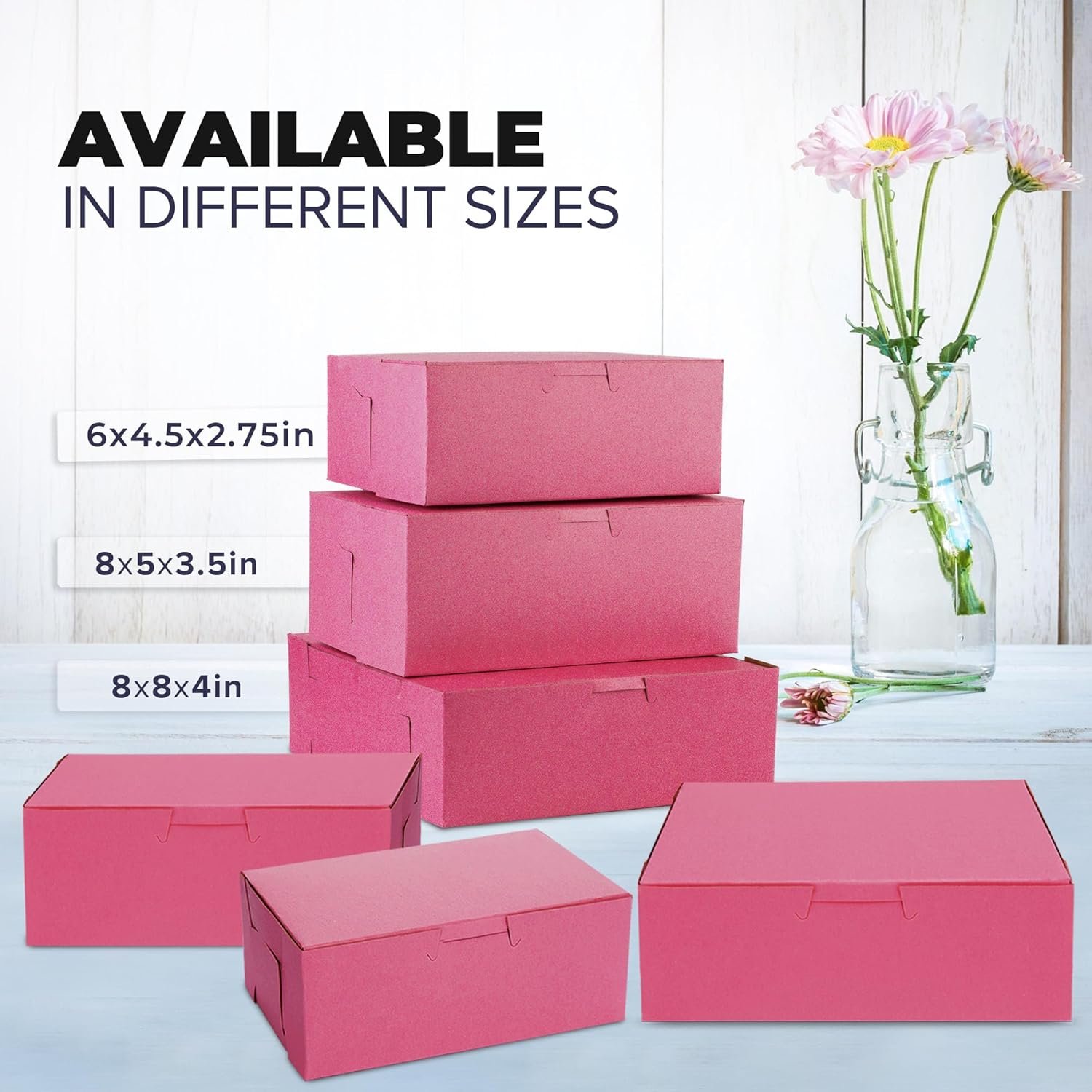 Grossiste Boîtes à pâtisserie Roses 8x8x4 [25 Pack] pour cupcakes, desserts, cookies et bonbons, Marque Blanche pour emballer vos créations de boulangerie faites maison, cadeaux et souvenirs, Fournisseur idéal pour le secteur.