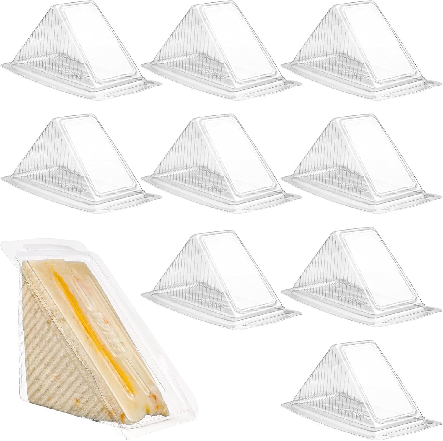 Grossiste en emballages alimentaires jetables pour sandwichs, conteneurs triangulaires clairs de 15 x 8,5 x 8 cm, Logo Personnalisé pour événements comme les mariages ou les baby showers, Fournisseur spécialisé en vente en gros.