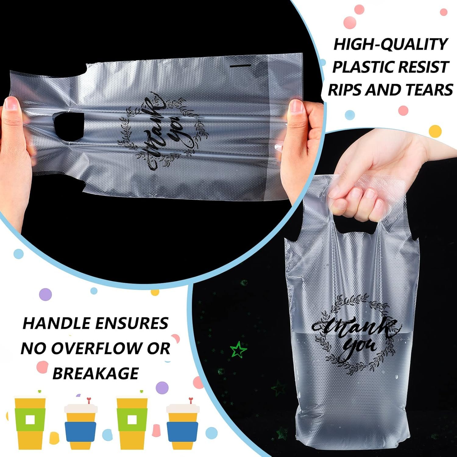 Grossiste en sacs à boisson en plastique, transport de 1000 pièces, avec poignées transparentes pour café, thé, et jus, OEM, vente en gros.