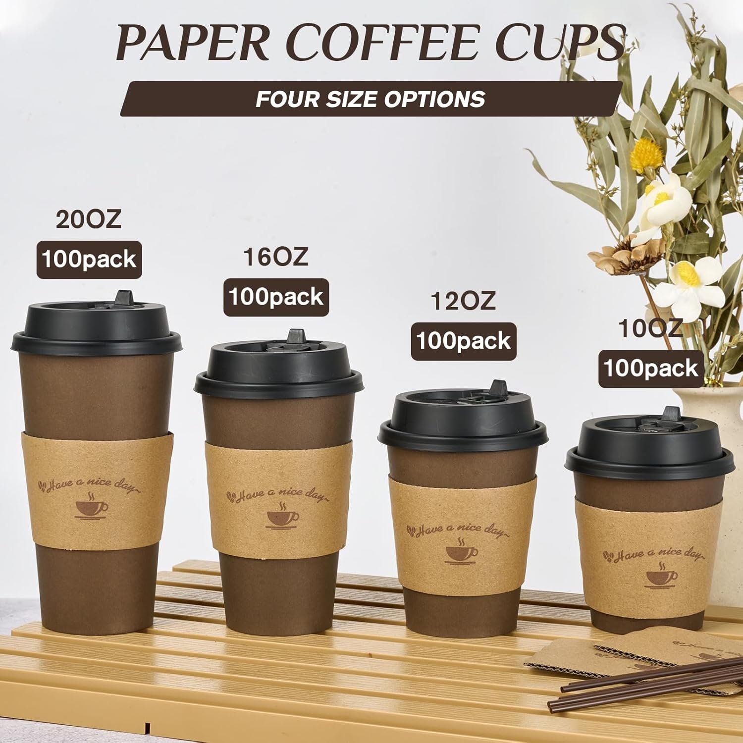 Grossiste de gobelets en papier jetables 16 oz, gobelets à café marron avec couvercles et manches, pour café chaud, eau ou jus, avec logo personnalisé, un choix idéal pour restaurants et magasins en vrac.