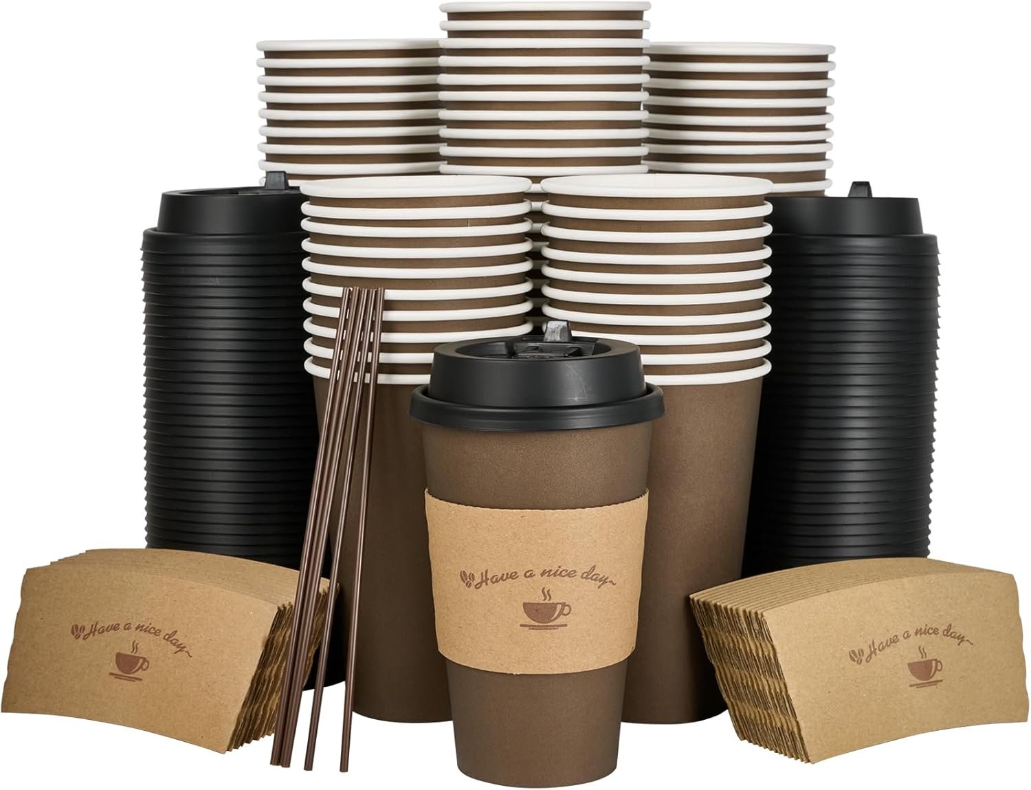Grossiste de gobelets en papier jetables 16 oz, gobelets à café marron avec couvercles et manches, pour café chaud, eau ou jus, avec logo personnalisé, un choix idéal pour restaurants et magasins en vrac.