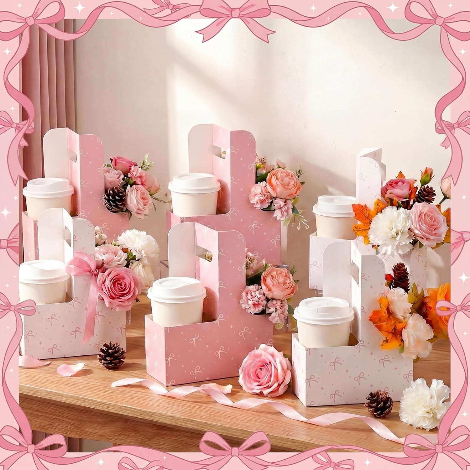 Grossiste 24 Pcs Sacs Cadeaux Jetables en Carton Rose Support pour 2 Tasses de Café avec Poignée Fournisseur Porte-Tasses Portables En Vrac Accessoires de Fête