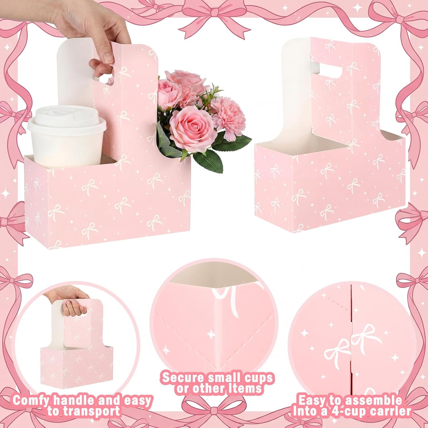 Grossiste 24 Pcs Sacs Cadeaux Jetables en Carton Rose Support pour 2 Tasses de Café avec Poignée Fournisseur Porte-Tasses Portables En Vrac Accessoires de Fête