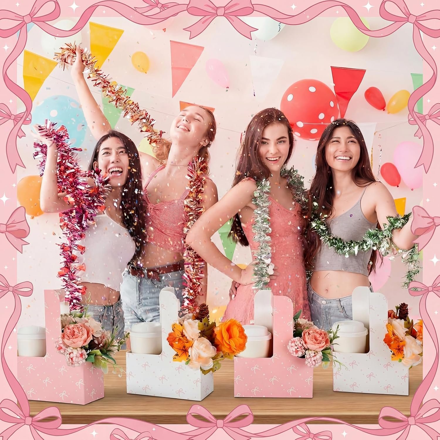 Grossiste 24 Pcs Sacs Cadeaux Jetables en Carton Rose Support pour 2 Tasses de Café avec Poignée Fournisseur Porte-Tasses Portables En Vrac Accessoires de Fête