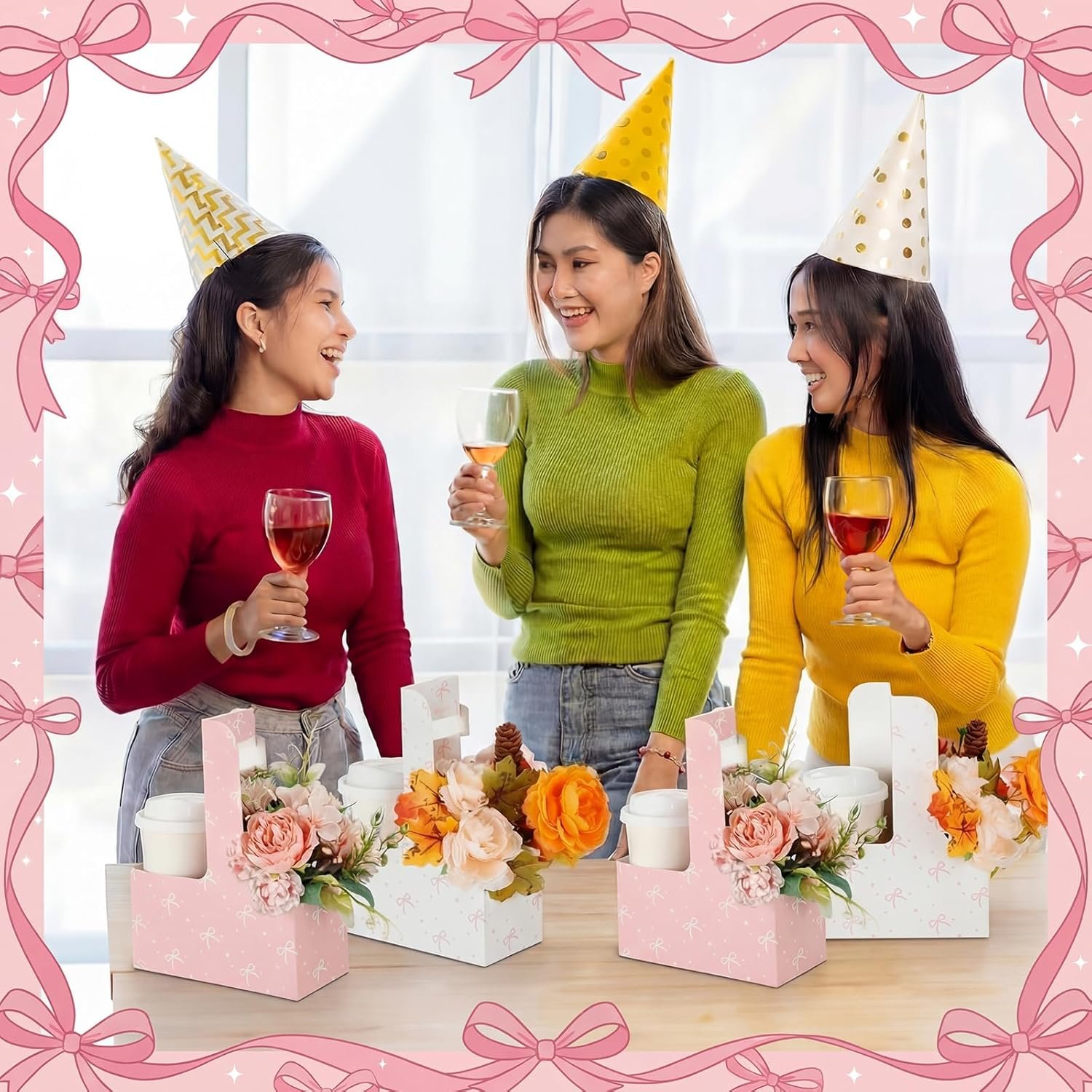 Grossiste 24 Pcs Sacs Cadeaux Jetables en Carton Rose Support pour 2 Tasses de Café avec Poignée Fournisseur Porte-Tasses Portables En Vrac Accessoires de Fête