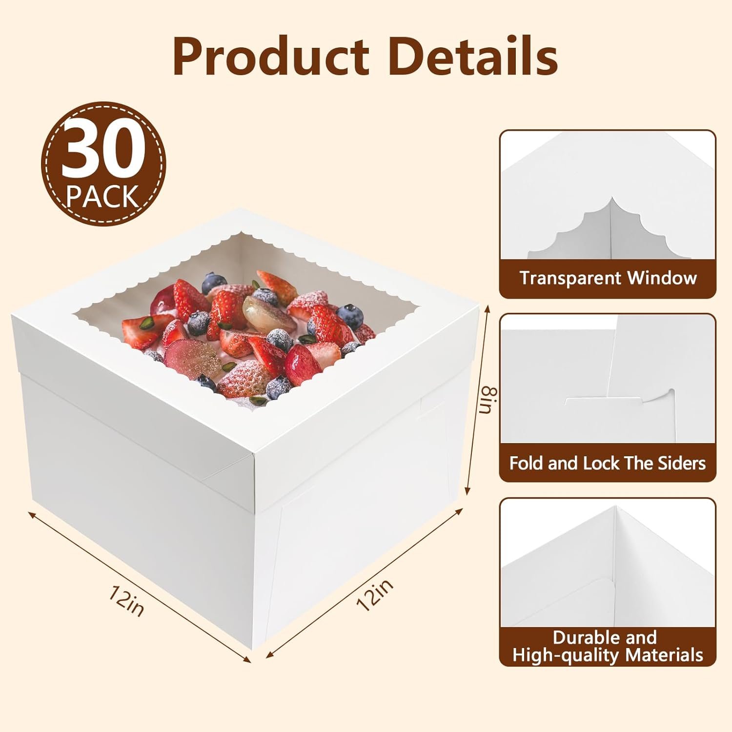 Grossiste 30 Boîtes à Gâteau en Carton 12x12x8 Pouces avec Fenêtre, Fournisseur de Boîtes à Gâteau pour Anniversaire, Mariage et Desserts Élevés, Logo Personnalisé Disponible en Vente en Gros