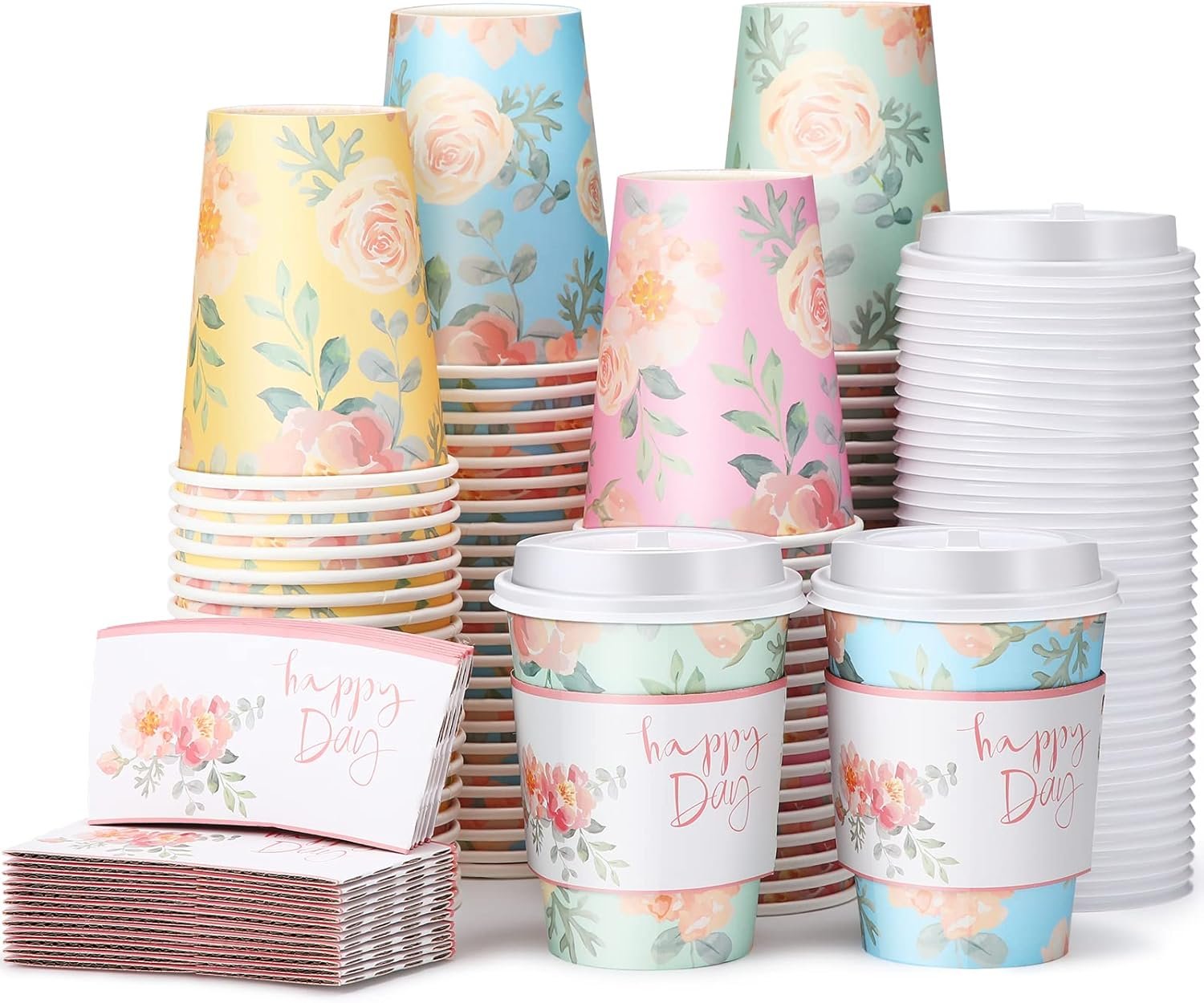 Grossiste 100 Pcs Tasses à café en papier jetables de 12 oz avec 100 couvercles et 100 manchons pour boissons chaudes, Logo Personnalisé, Fournisseur de tasses pour fêtes, mariages et baby showers.