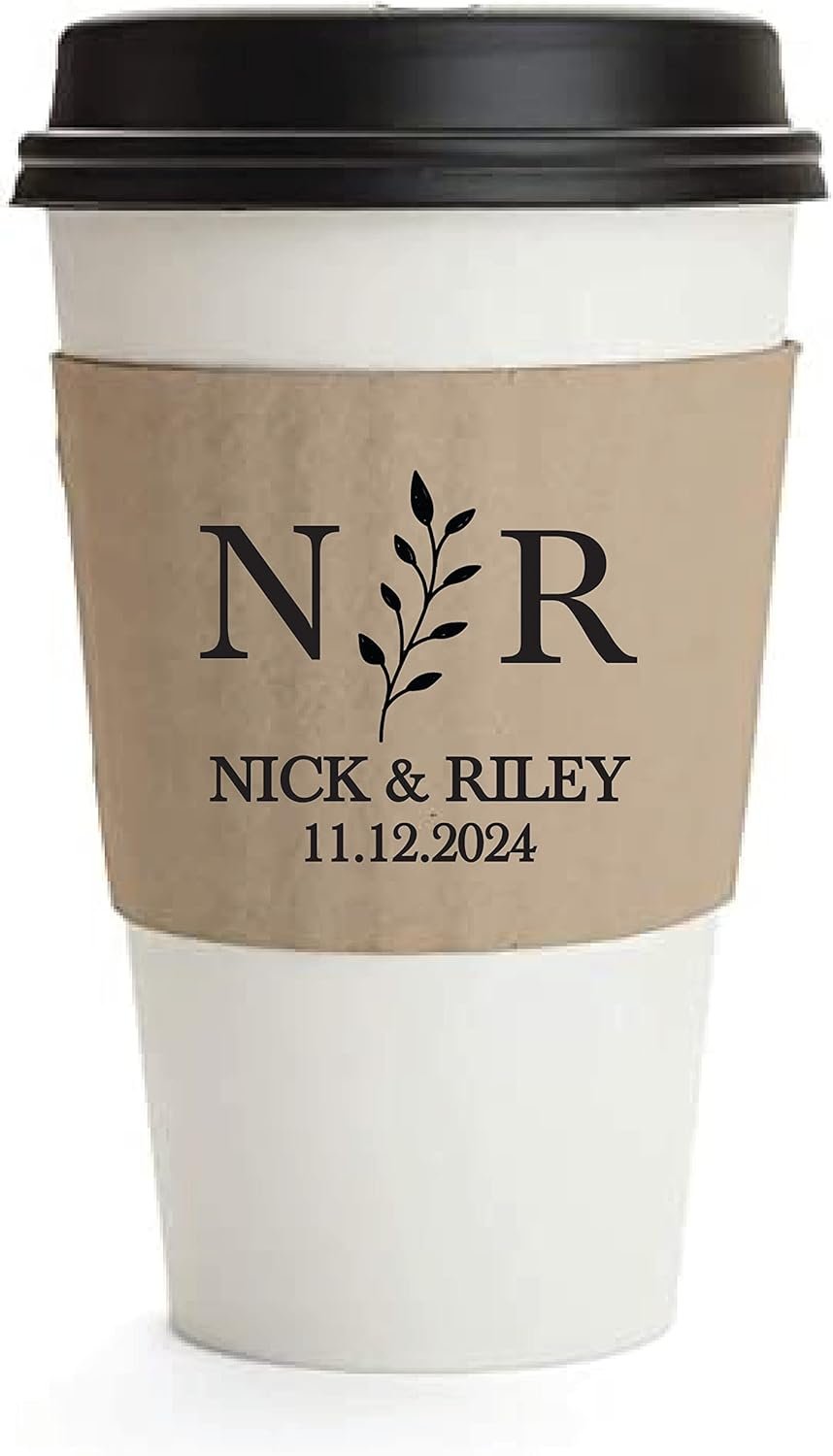 Grossiste de manchons en papier kraft personnalisés pour café ou chocolat chaud, écologiques et jetables, conçus pour les fêtes de mariage, d'anniversaire et de fiançailles, avec logo personnalisé, fournisseur de manchons ondulés pour tasses de 12oz à 20oz.