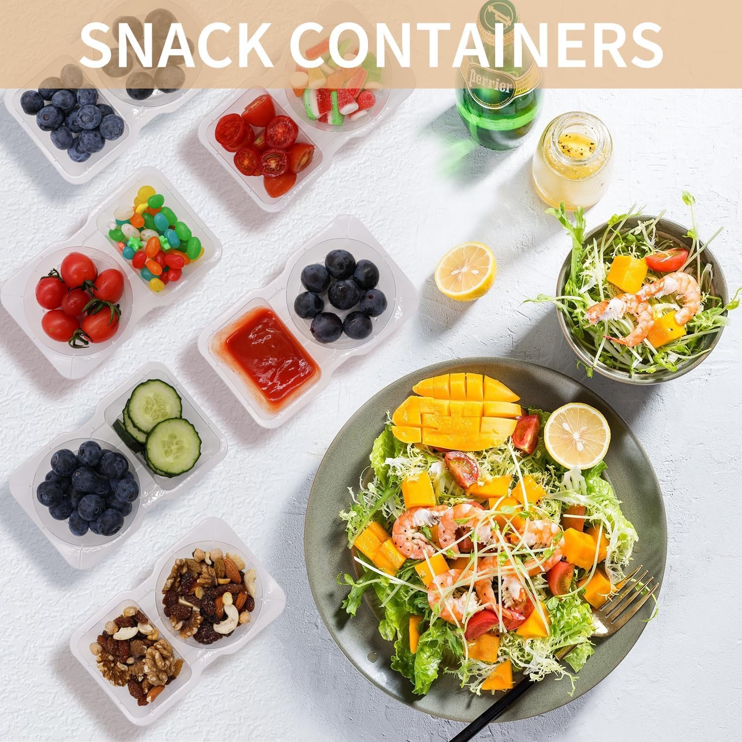 Grossiste conteneurs à snacks 20 ensembles, contenant compartiments doubles pour sauces et salades, fournisseur de conteneurs en plastique avec couvercle, vente en gros pour aliments à emporter.