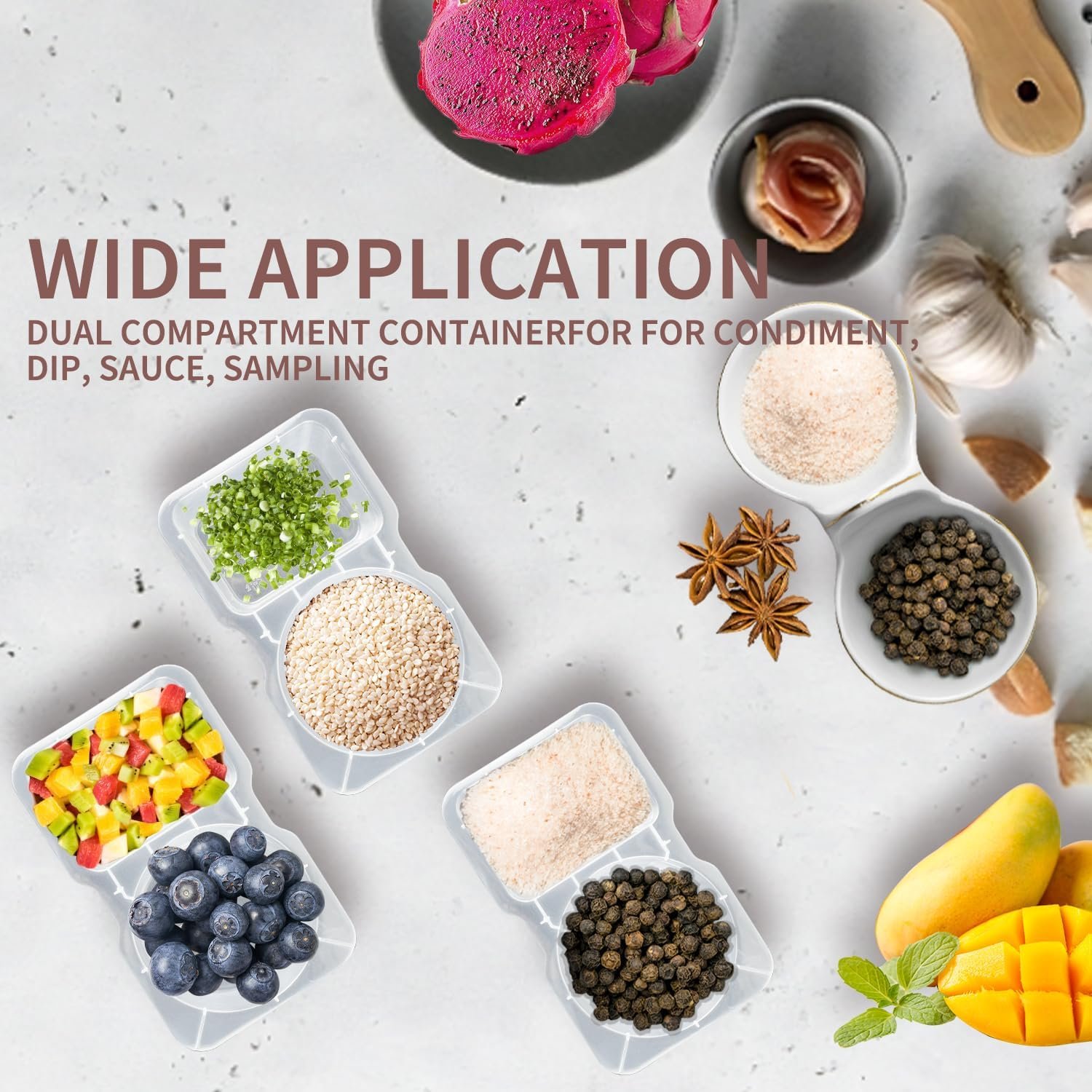 Grossiste conteneurs à snacks 20 ensembles, contenant compartiments doubles pour sauces et salades, fournisseur de conteneurs en plastique avec couvercle, vente en gros pour aliments à emporter.