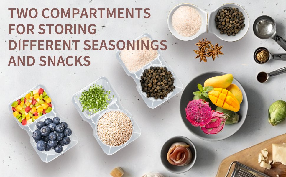 Grossiste conteneurs à snacks 20 ensembles, contenant compartiments doubles pour sauces et salades, fournisseur de conteneurs en plastique avec couvercle, vente en gros pour aliments à emporter.