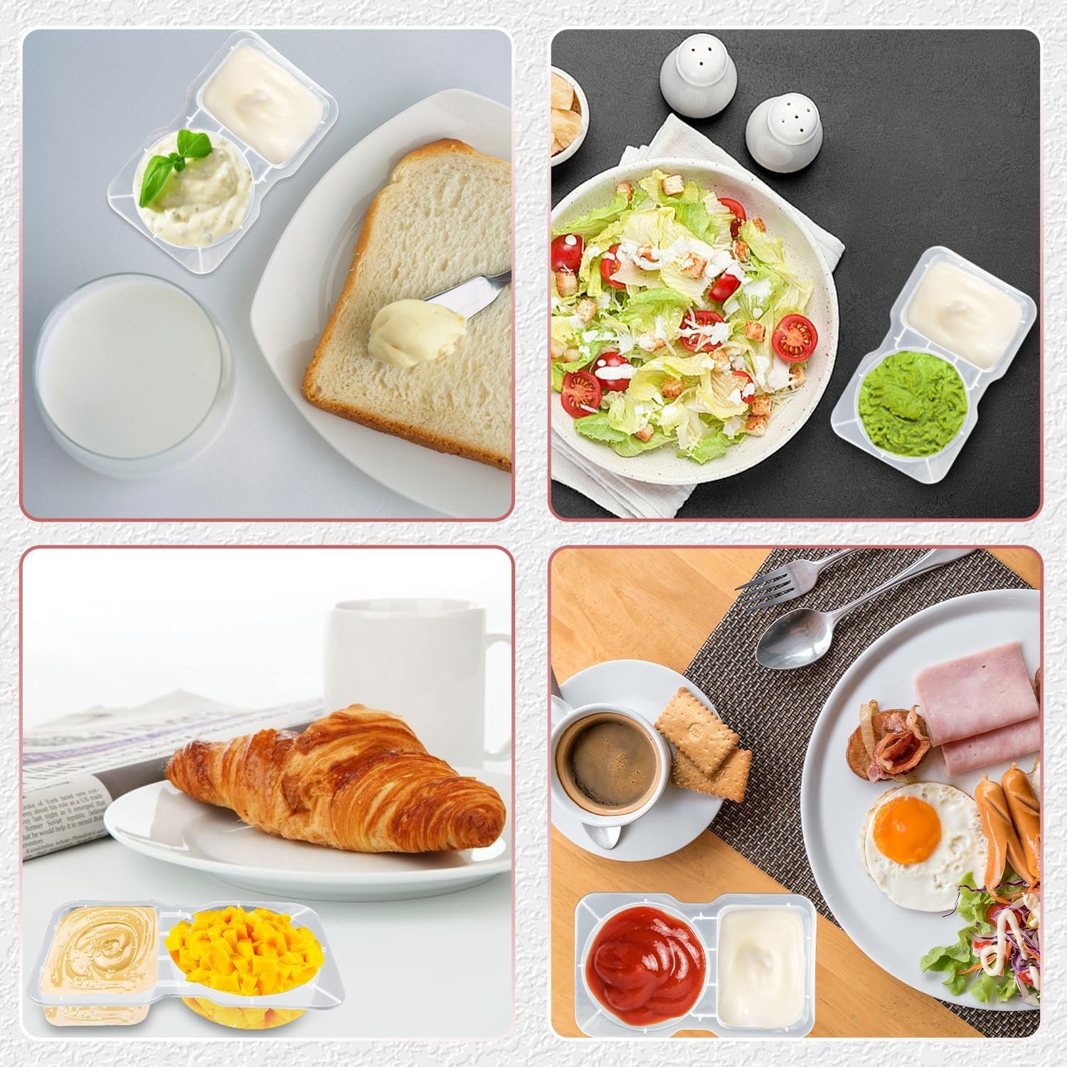 Grossiste conteneurs à snacks 20 ensembles, contenant compartiments doubles pour sauces et salades, fournisseur de conteneurs en plastique avec couvercle, vente en gros pour aliments à emporter.