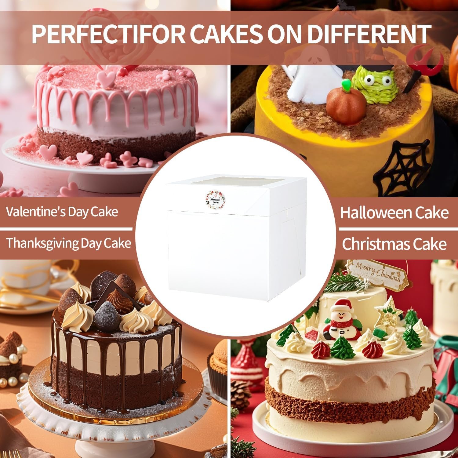 Cadeaux pour fête : 16pcs boîtes à gâteau 8x8x8 pouces, en vrac avec logo personnalisé, fabriqué par un fournisseur, comprennent 8 boîtes blanches avec fenêtre et 8 planches, idéal pour les anniversaires, mariages et fêtes.