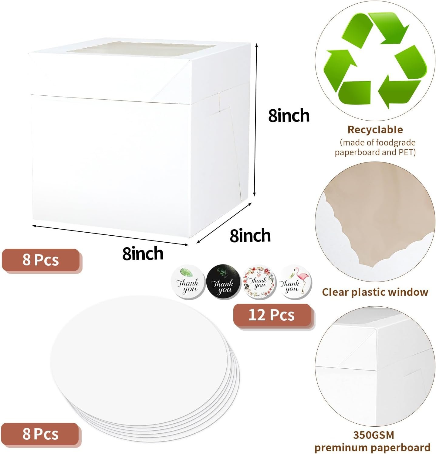 Cadeaux pour fête : 16pcs boîtes à gâteau 8x8x8 pouces, en vrac avec logo personnalisé, fabriqué par un fournisseur, comprennent 8 boîtes blanches avec fenêtre et 8 planches, idéal pour les anniversaires, mariages et fêtes.