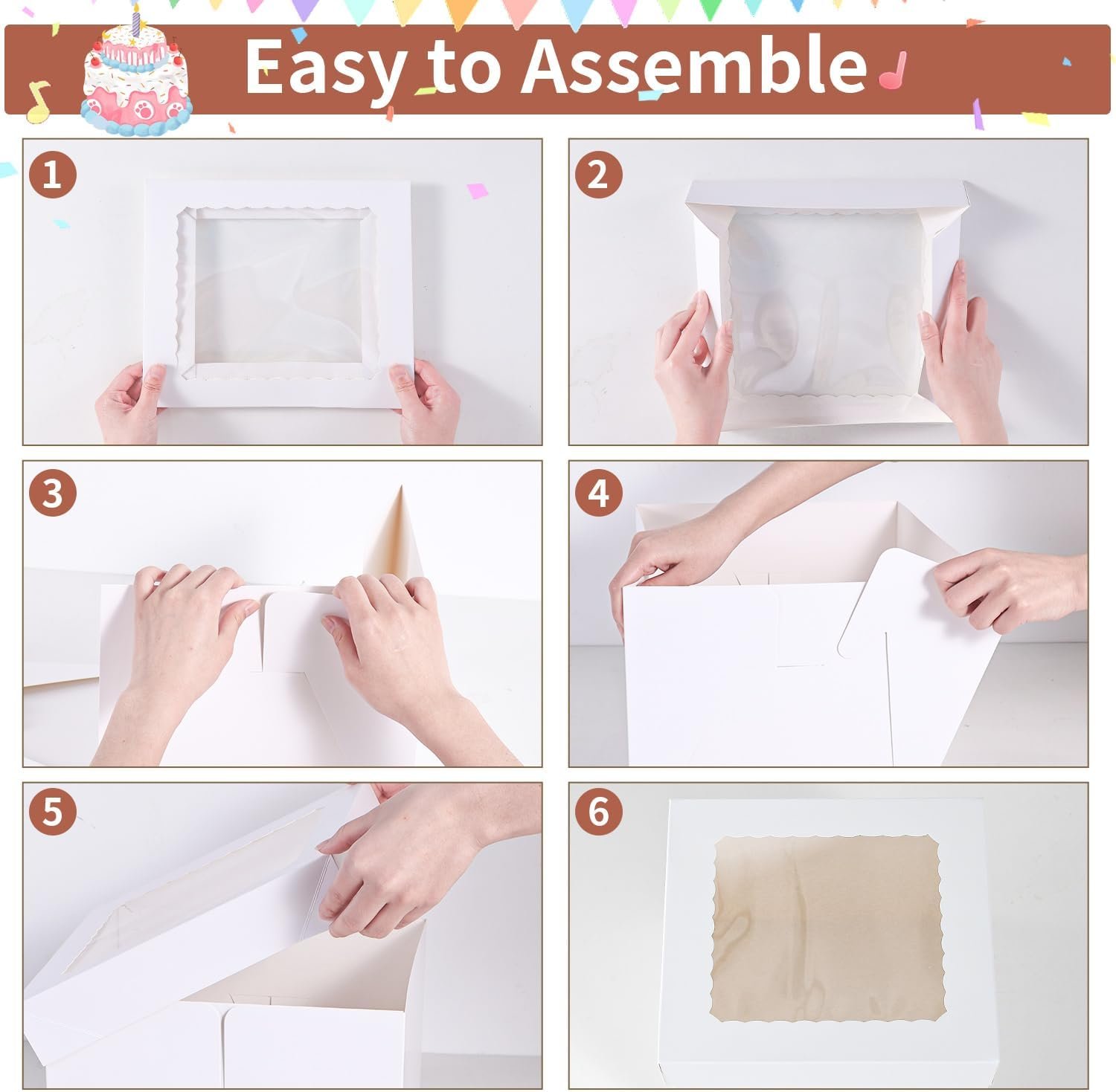 Cadeaux pour fête : 16pcs boîtes à gâteau 8x8x8 pouces, en vrac avec logo personnalisé, fabriqué par un fournisseur, comprennent 8 boîtes blanches avec fenêtre et 8 planches, idéal pour les anniversaires, mariages et fêtes.