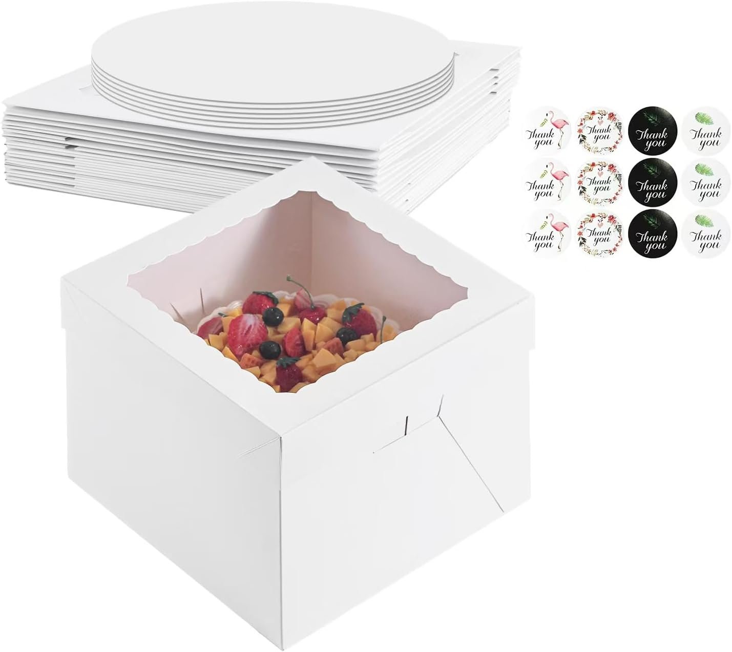 Cadeaux pour fête : 16pcs boîtes à gâteau 8x8x8 pouces, en vrac avec logo personnalisé, fabriqué par un fournisseur, comprennent 8 boîtes blanches avec fenêtre et 8 planches, idéal pour les anniversaires, mariages et fêtes.