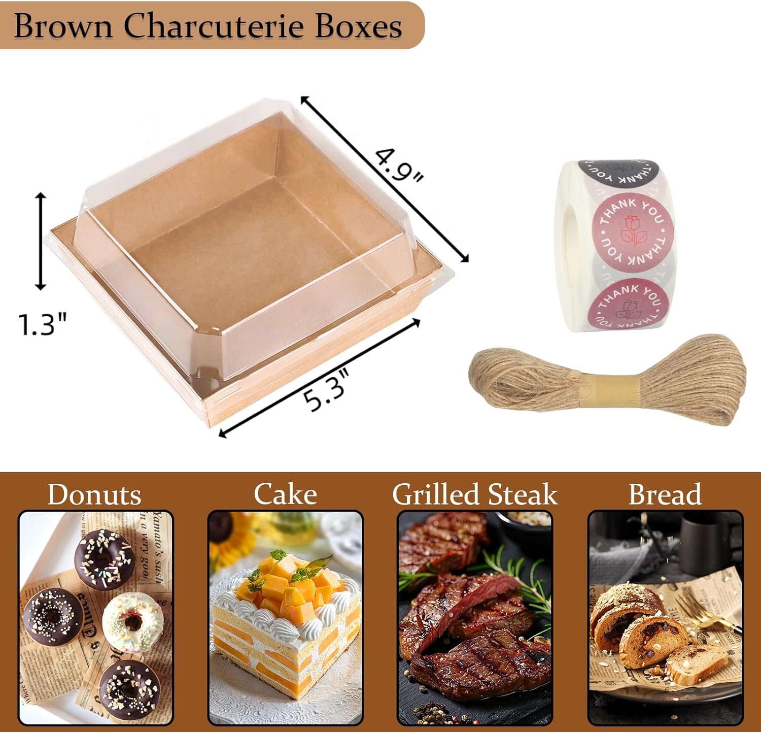 Boîtes de Charcuterie en Vrac, 100 Packs avec Couvercles Transparents, 5 Inch Kraft To Go, Contenants à Desserts Jetables en Brun pour Sandwich, Cookie, Tranche de Gâteau, Logo Personnalisé, Fabricant, Vente en Gros avec 500 Autocollants, Corde en Jute.