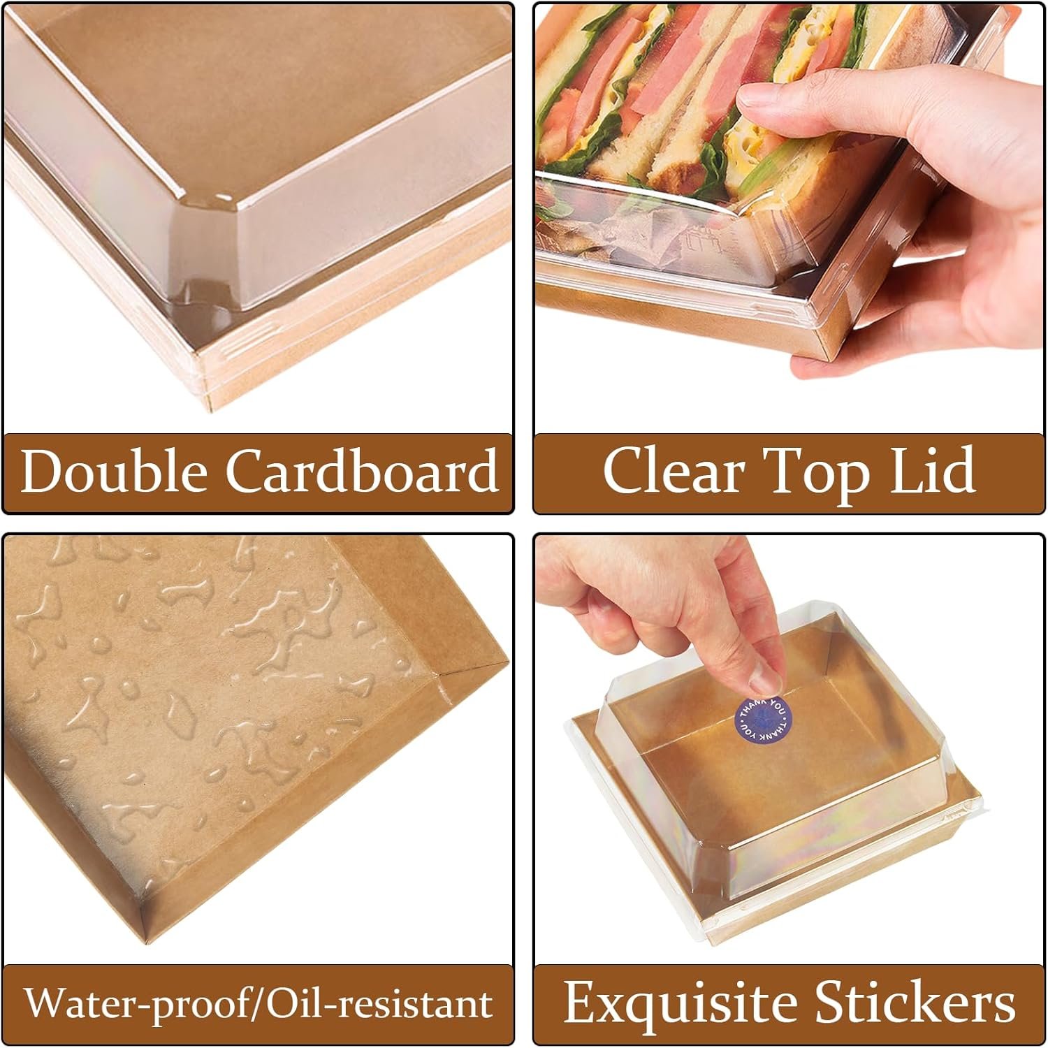 Boîtes de Charcuterie en Vrac, 100 Packs avec Couvercles Transparents, 5 Inch Kraft To Go, Contenants à Desserts Jetables en Brun pour Sandwich, Cookie, Tranche de Gâteau, Logo Personnalisé, Fabricant, Vente en Gros avec 500 Autocollants, Corde en Jute.