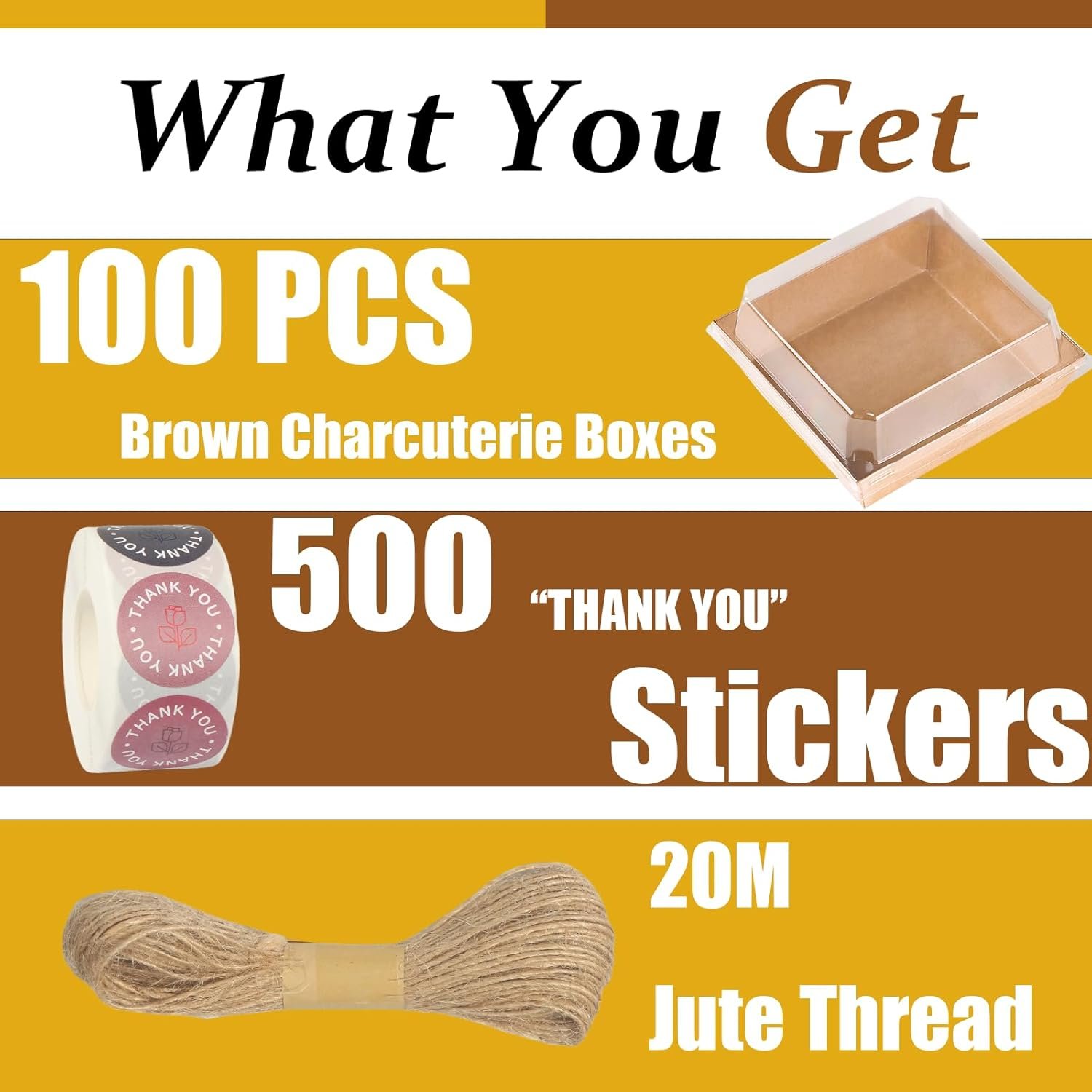 Boîtes de Charcuterie en Vrac, 100 Packs avec Couvercles Transparents, 5 Inch Kraft To Go, Contenants à Desserts Jetables en Brun pour Sandwich, Cookie, Tranche de Gâteau, Logo Personnalisé, Fabricant, Vente en Gros avec 500 Autocollants, Corde en Jute.