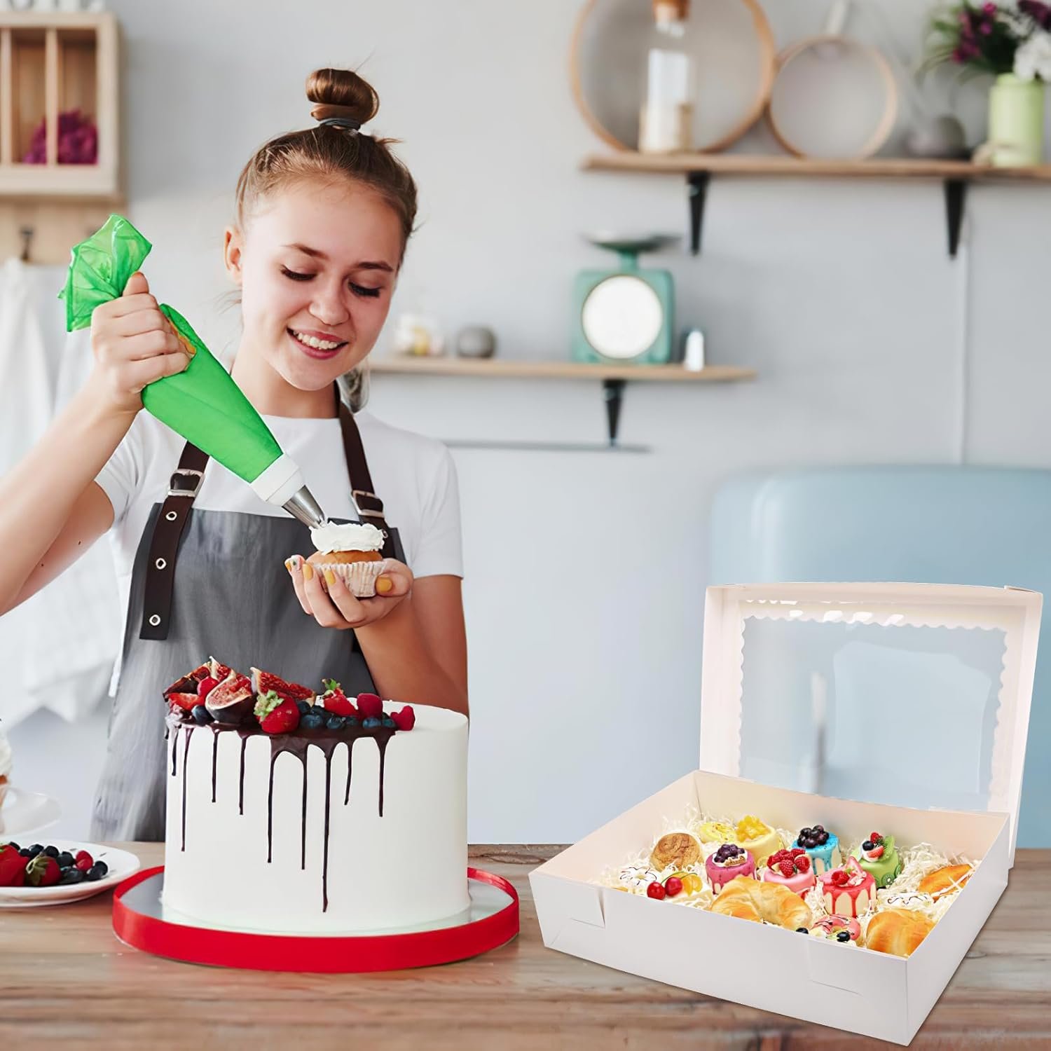 Boîtes à gâteaux rectangulaires de 19x14x4 pouces en gros, emballage de gâteaux pour boulangeries avec fenêtre, logo personnalisé pour un contact de fabricant fiable.