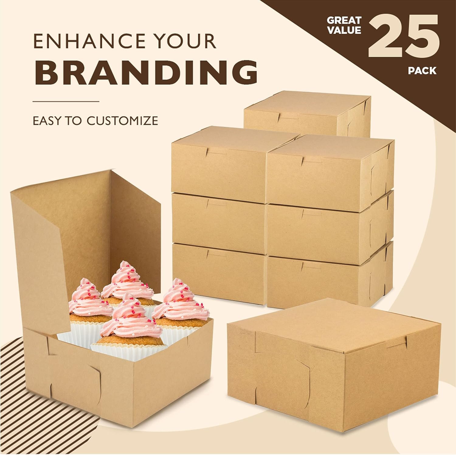 Grossiste en Vrac Boîtes à Pâtisserie Kraft 25 Pack 6 x 6 x 3 Pouces, Boîtes à Desserts en Carton pour Cupcakes, Chocolats, Beignets, Macarons - OEM Boîtes à Gâteaux Écologiques Fabriquées par Fabricant Local.