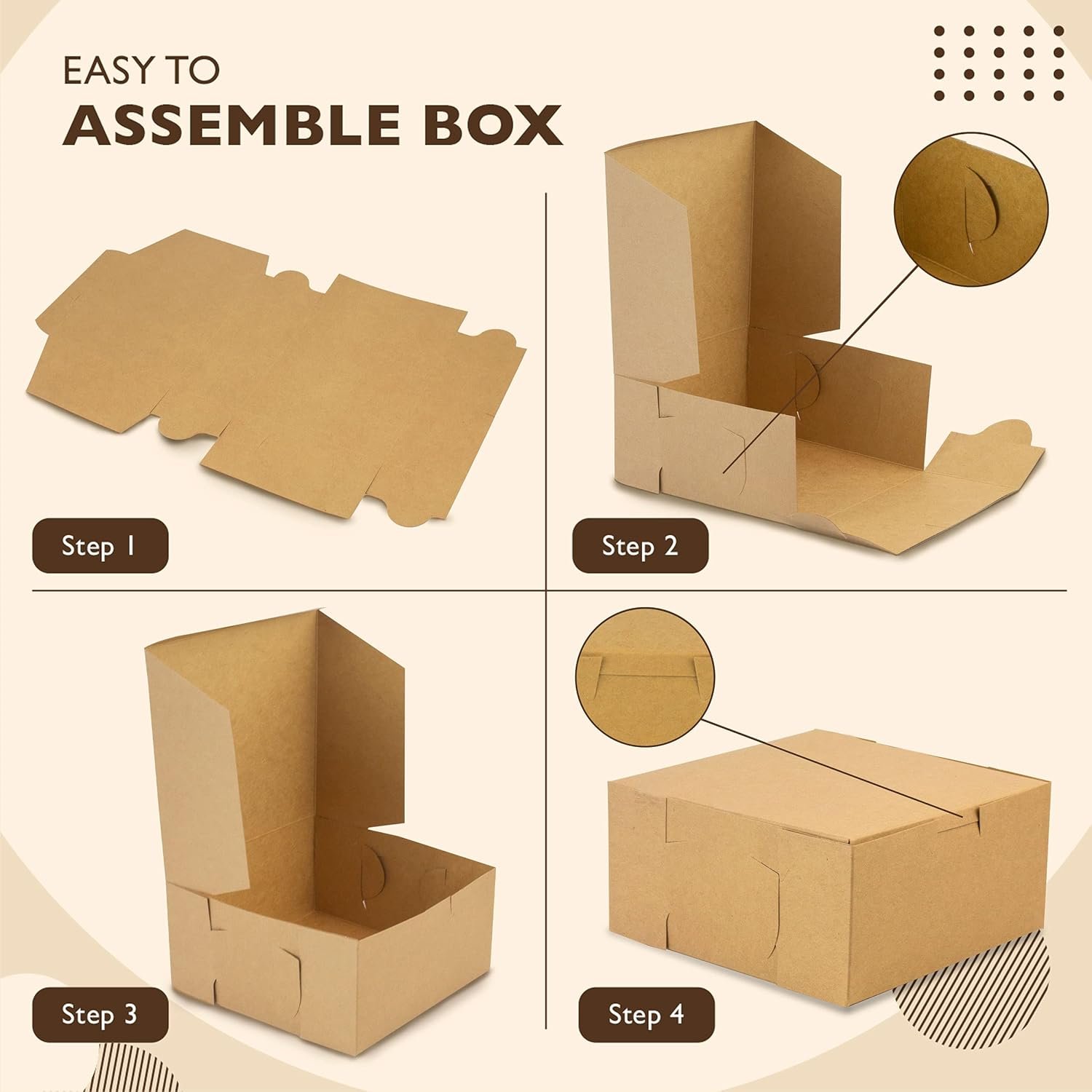 Grossiste en Vrac Boîtes à Pâtisserie Kraft 25 Pack 6 x 6 x 3 Pouces, Boîtes à Desserts en Carton pour Cupcakes, Chocolats, Beignets, Macarons - OEM Boîtes à Gâteaux Écologiques Fabriquées par Fabricant Local.