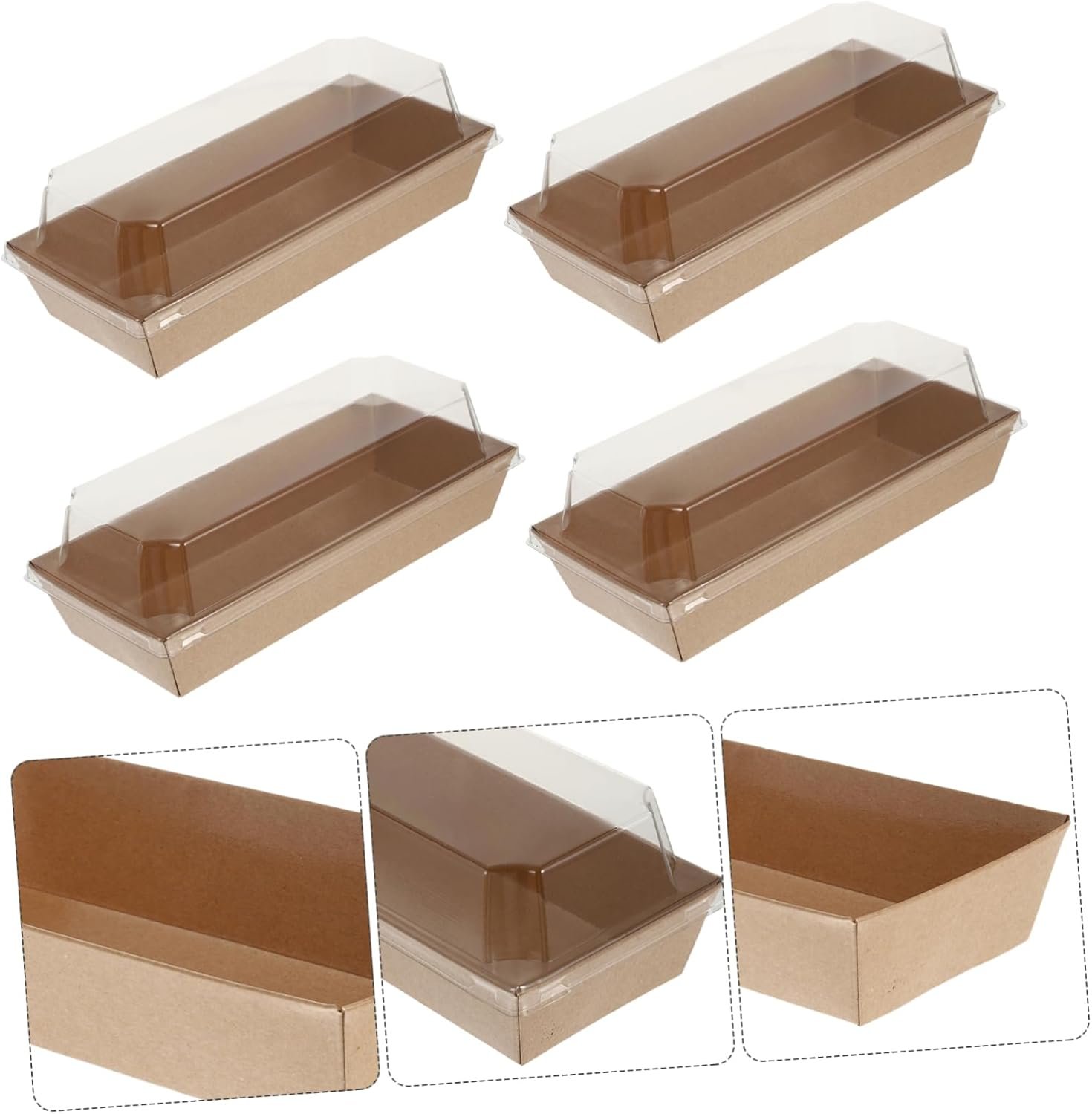 Boîte à sandwich rectangulaire en kraft de 10 pièces avec couvercles en plastique transparent, fournisseur de solutions d'emballage personnalisées pour la pâtisserie, la vente en gros de pain et snacks à emporter, idéale pour pique-niques et fêtes.