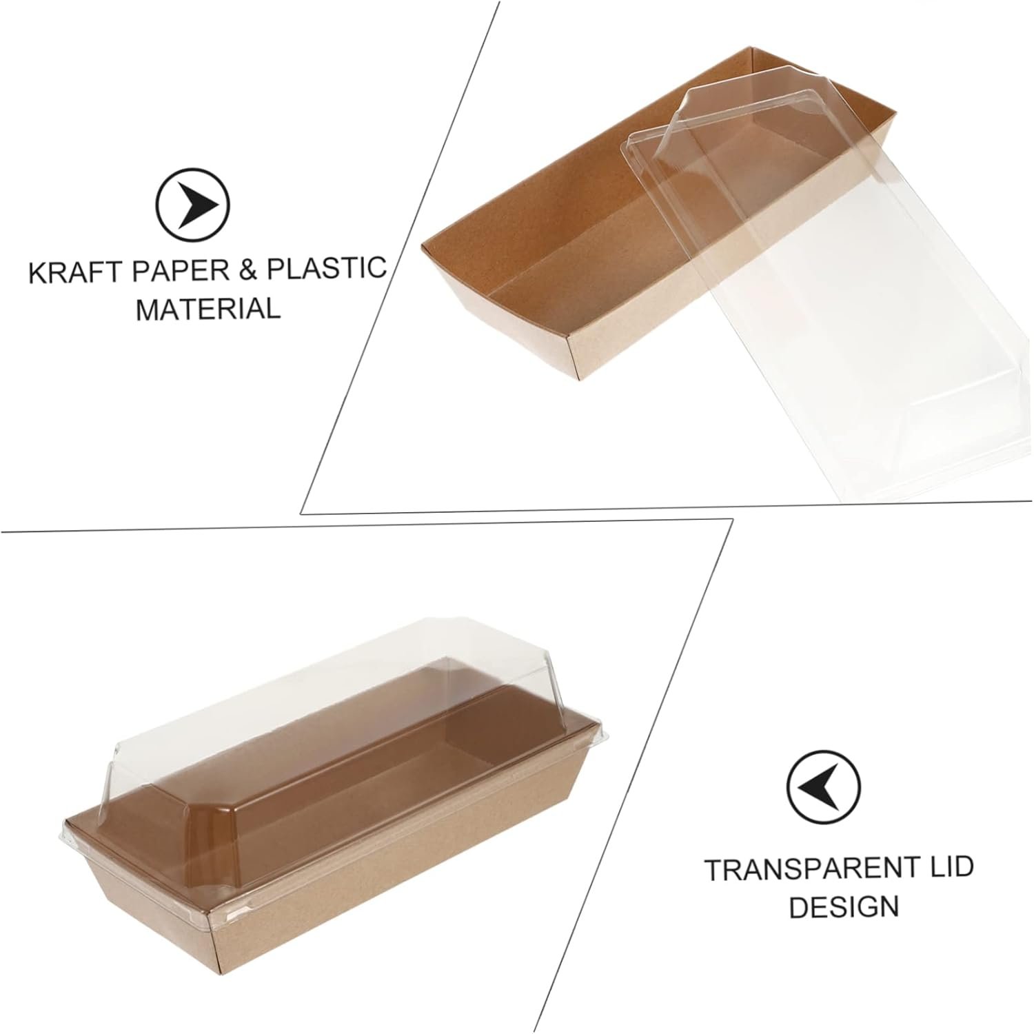 Boîte à sandwich rectangulaire en kraft de 10 pièces avec couvercles en plastique transparent, fournisseur de solutions d'emballage personnalisées pour la pâtisserie, la vente en gros de pain et snacks à emporter, idéale pour pique-niques et fêtes.