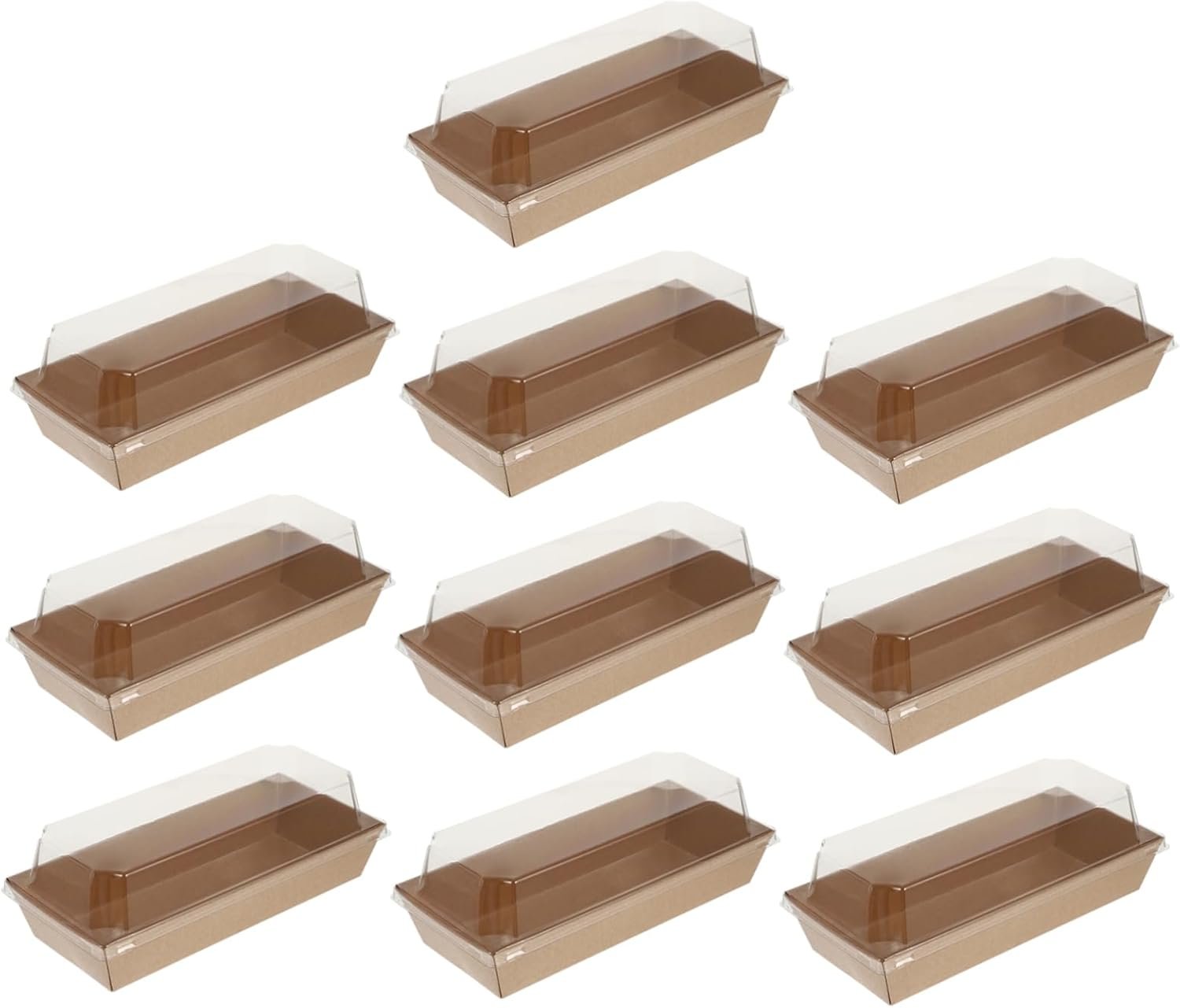 Boîte à sandwich rectangulaire en kraft de 10 pièces avec couvercles en plastique transparent, fournisseur de solutions d'emballage personnalisées pour la pâtisserie, la vente en gros de pain et snacks à emporter, idéale pour pique-niques et fêtes.