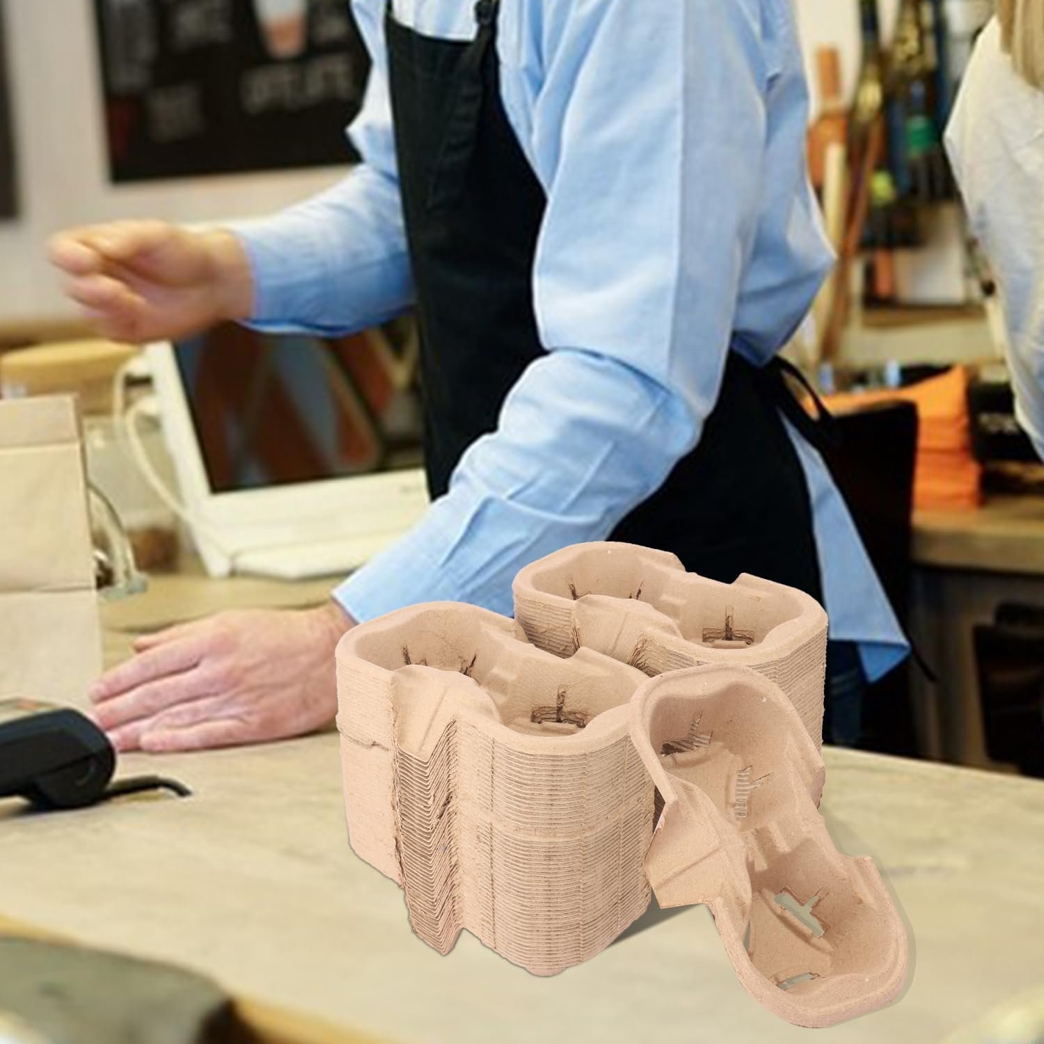 Grossiste 100 Pack de porte-gobelets jetables écologiques pour deux gobelets, fabricant de porte-gobelets pour boissons chaudes et froides, logo personnalisé disponible.