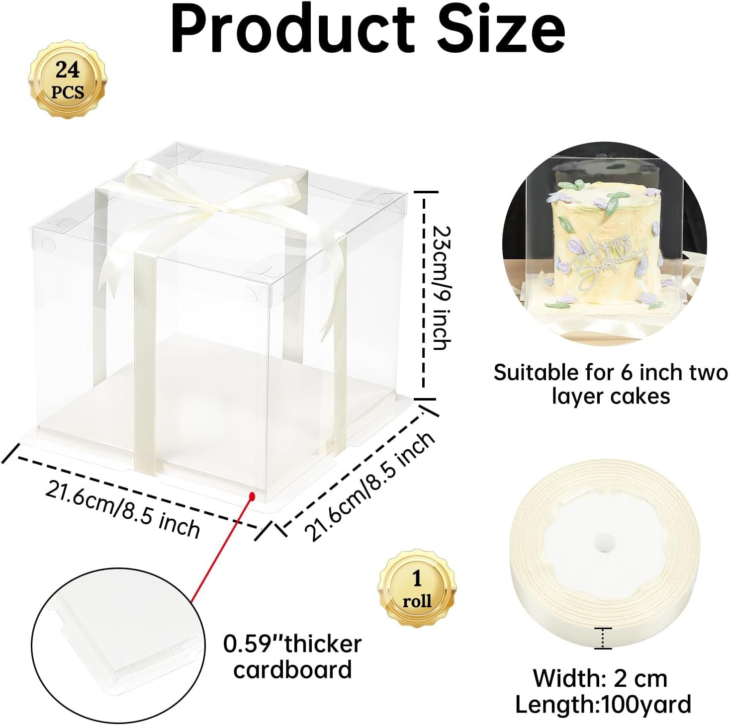 Grossiste Boîte Cadeau Claire 24 Pièces avec Ruban 8,5x8,5x9 Pouces, Boîte à Gâteau Transparente avec Couvercles, Fabricant de Packaging de Gâteau PET, Logo Personnalisé pour Anniversaire, Mariage et Fête.