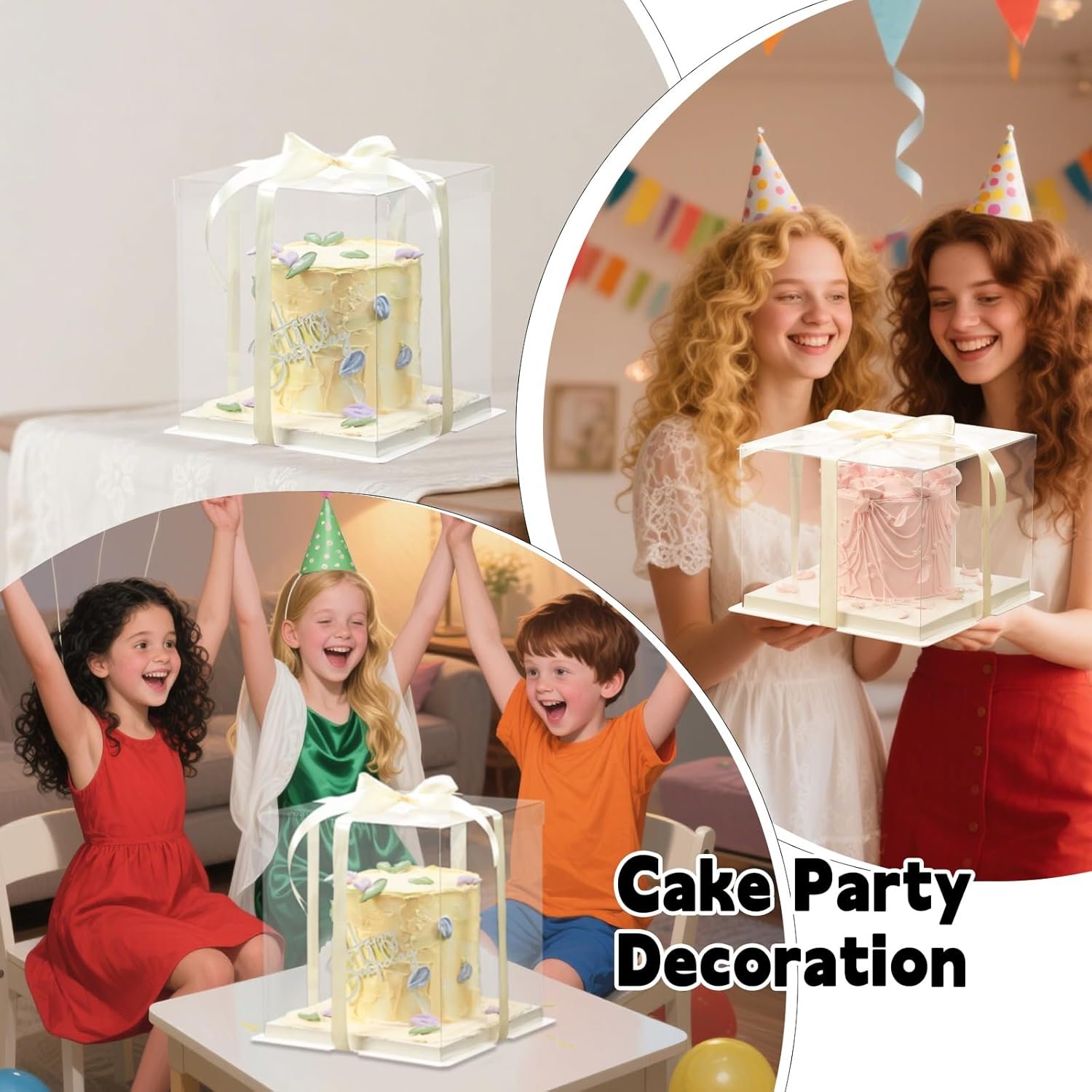 Grossiste Boîte Cadeau Claire 24 Pièces avec Ruban 8,5x8,5x9 Pouces, Boîte à Gâteau Transparente avec Couvercles, Fabricant de Packaging de Gâteau PET, Logo Personnalisé pour Anniversaire, Mariage et Fête.