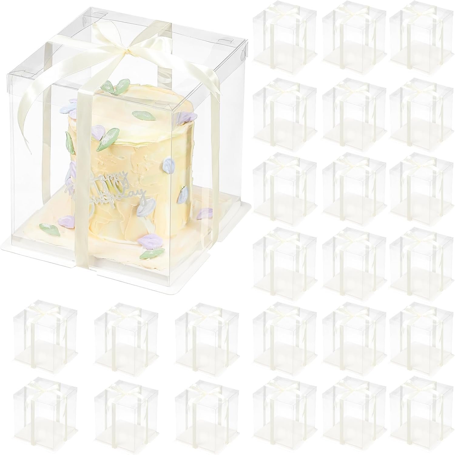 Grossiste Boîte Cadeau Claire 24 Pièces avec Ruban 8,5x8,5x9 Pouces, Boîte à Gâteau Transparente avec Couvercles, Fabricant de Packaging de Gâteau PET, Logo Personnalisé pour Anniversaire, Mariage et Fête.
