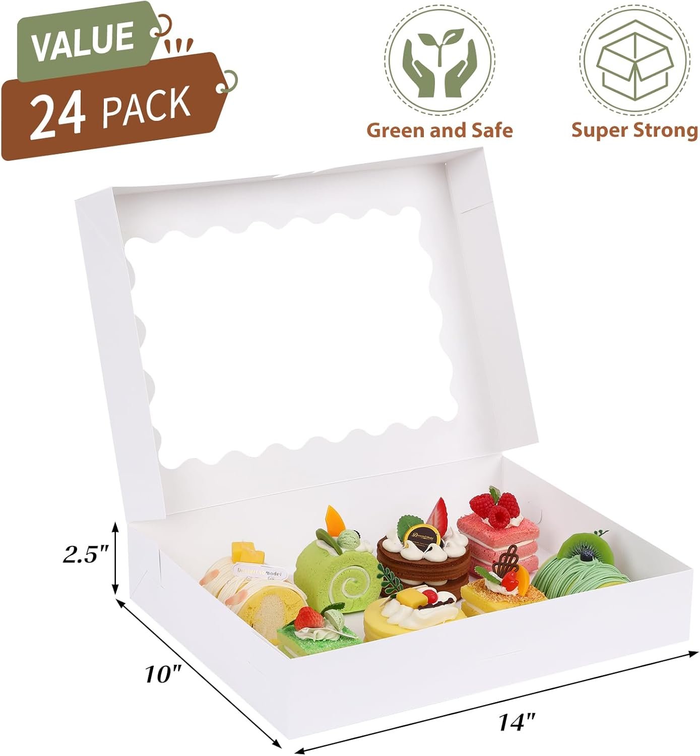 Grossiste en Vrac Boîtes à Pâtisseries 24 pcs 14x10x2,5 pouces avec fenêtre pour Fraises Chocolatées, Beignets, Tartes, Muffins et Pâtisseries - Logo Personnalisé, Fabricant.