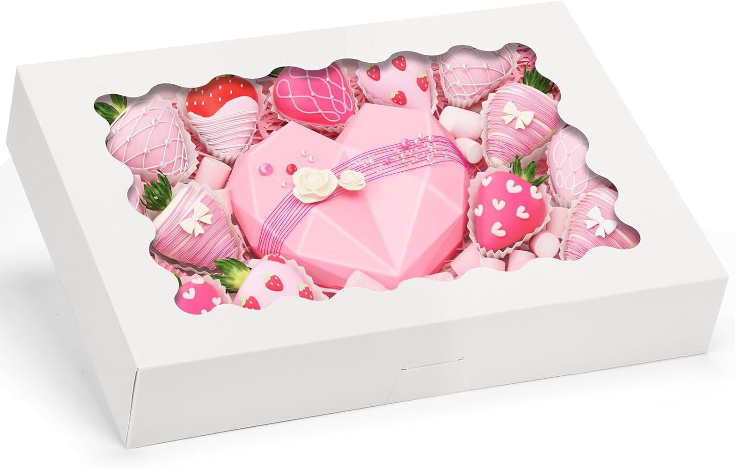 Grossiste en Vrac Boîtes à Pâtisseries 24 pcs 14x10x2,5 pouces avec fenêtre pour Fraises Chocolatées, Beignets, Tartes, Muffins et Pâtisseries - Logo Personnalisé, Fabricant.