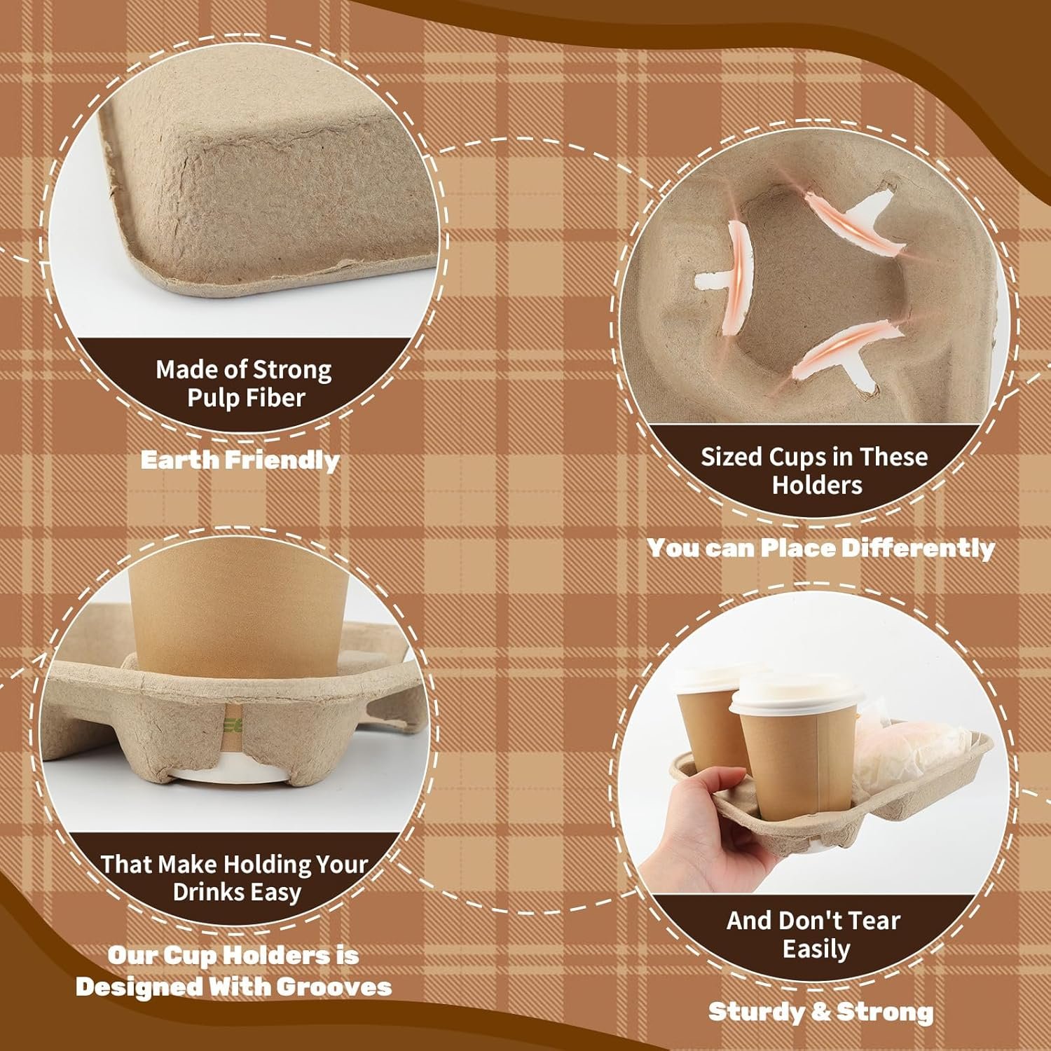 Grossiste de Mat Board Center, plateau de 75 paquets pour 2 boissons, fournisseur de porte-gobelets pour boissons chaudes et froides, OEM idéal pour les commandes à emporter, empilable et résistant.