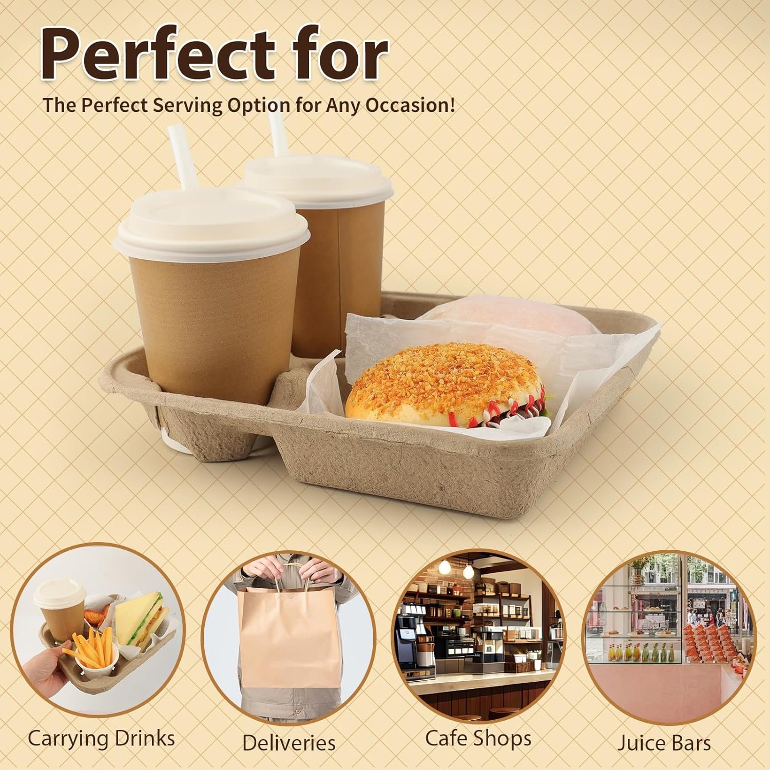 Grossiste de Mat Board Center, plateau de 75 paquets pour 2 boissons, fournisseur de porte-gobelets pour boissons chaudes et froides, OEM idéal pour les commandes à emporter, empilable et résistant.