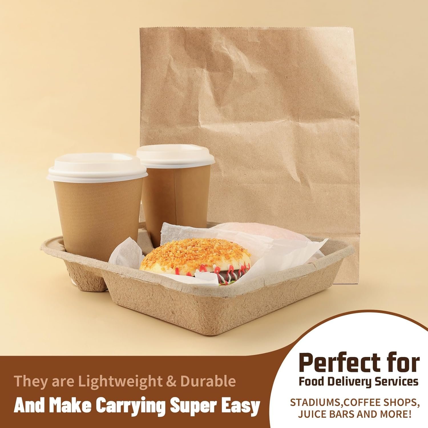 Grossiste de Mat Board Center, plateau de 75 paquets pour 2 boissons, fournisseur de porte-gobelets pour boissons chaudes et froides, OEM idéal pour les commandes à emporter, empilable et résistant.