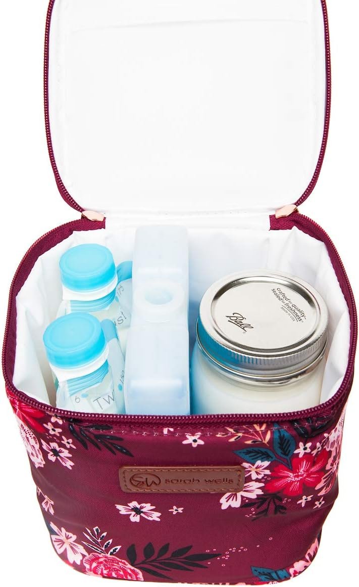 Grossiste en sacs isothermes pour lait maternel avec pack de glace testé en toute sécurité – Logo personnalisé pour le stockage de lait au travail, en voyage et en crèche – Fabricant de solutions durables et lavables – Idéal pour bouteilles et accessoires (Fleur Berry)