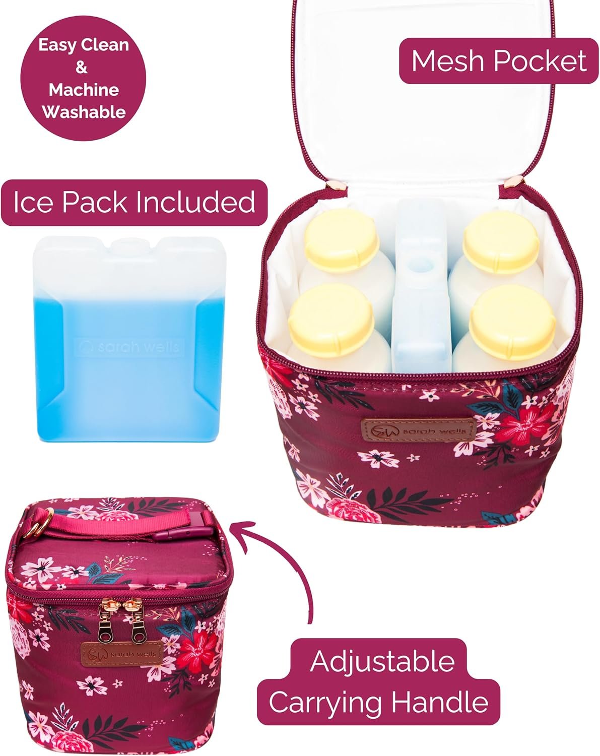 Grossiste en sacs isothermes pour lait maternel avec pack de glace testé en toute sécurité – Logo personnalisé pour le stockage de lait au travail, en voyage et en crèche – Fabricant de solutions durables et lavables – Idéal pour bouteilles et accessoires (Fleur Berry)