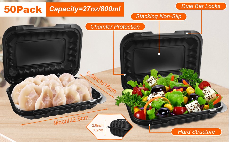 Grossiste conteneurs alimentaires en plastique 27 OZ, 50 pièces plateau à emporter 9 x 6 pouces, personnalisation de logo disponible pour vente en gros.
