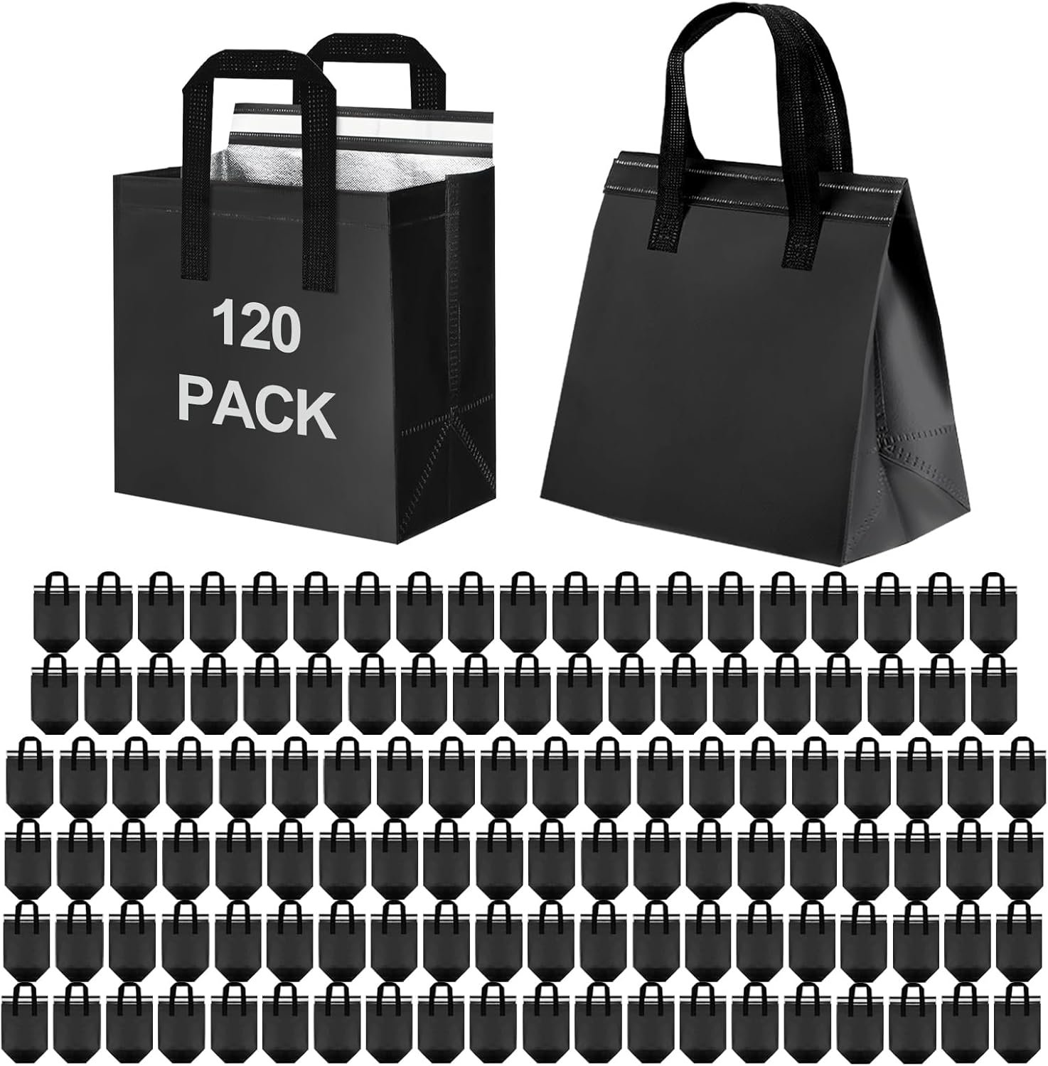 Pack de 120 sacs de transport isothermal en vrac, sacs thermiques pour aliments chauds/froids, logo personnalisé pour restauration, cafés, pizzerias et pique-niques.