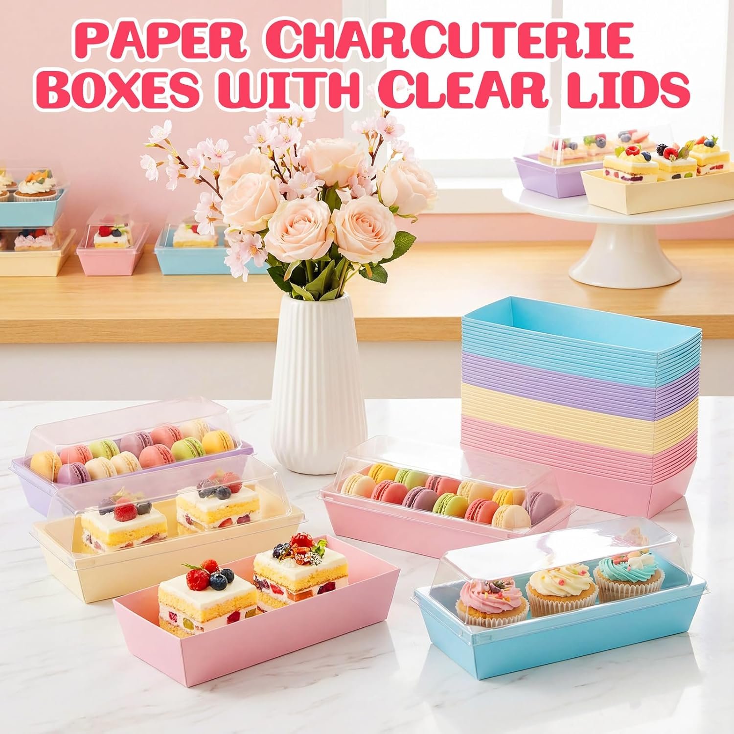 Grossiste 144 Pcs Boîtes à Charcuterie 7 Pouces avec Couvercles Transparente, Contenants pour Gâteau, Boîtes en Papier, Produits Alimentaires Jetables pour Dessert, OEM Mini Gâteau, Cookie, Sandwich, Fraise.