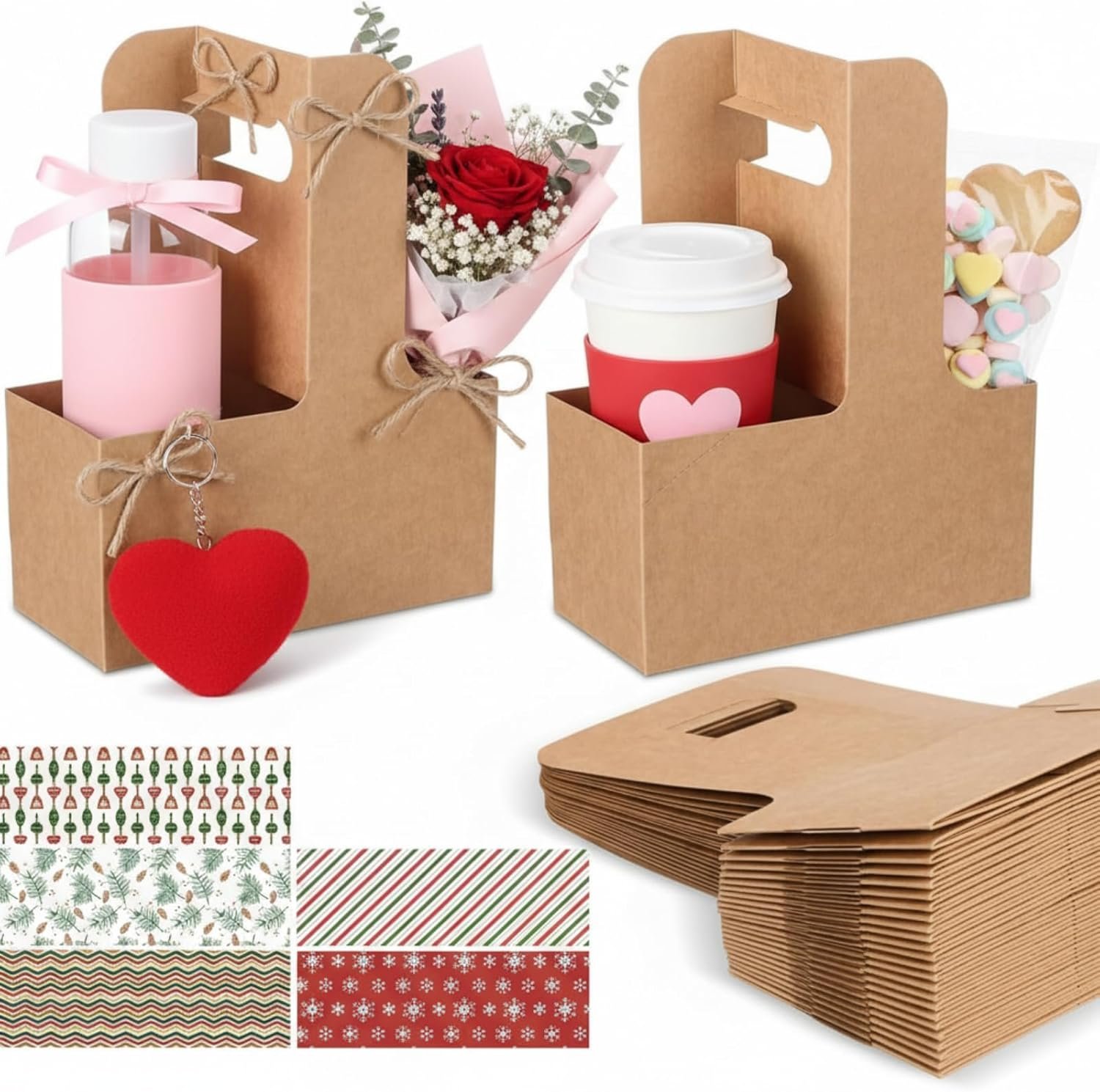 Grossiste 50 Sets Porte-Gobelet à Poignée 2 Tasses Jetable Carton Rouge Vert en Vrac pour Livraison de Fête avec Flocons de Neige, Fabricant de Supports à Boissons Pliables