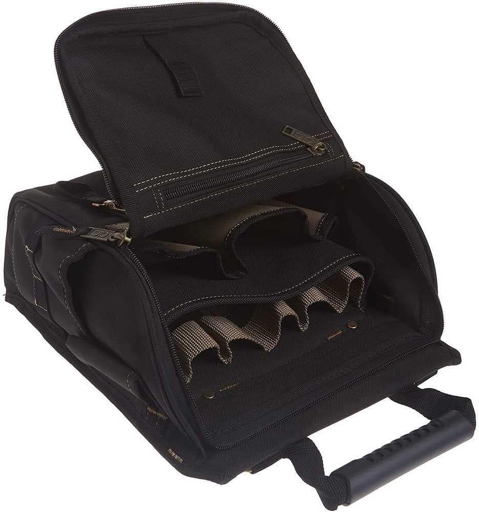 Poche à outils professionnelle zippée de 21 poches, fournisseur grossiste et logo personnalisé en cuir noir